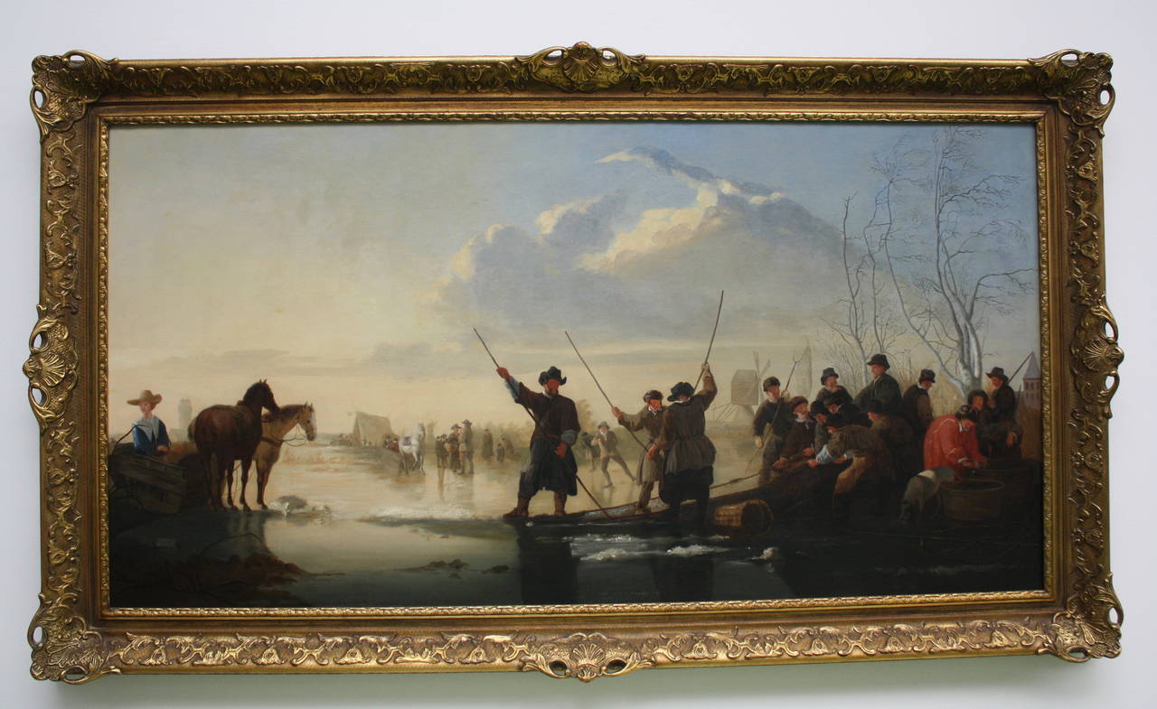 Oil on canvas, framed.
Bustling activity on the Netherlands seaside.