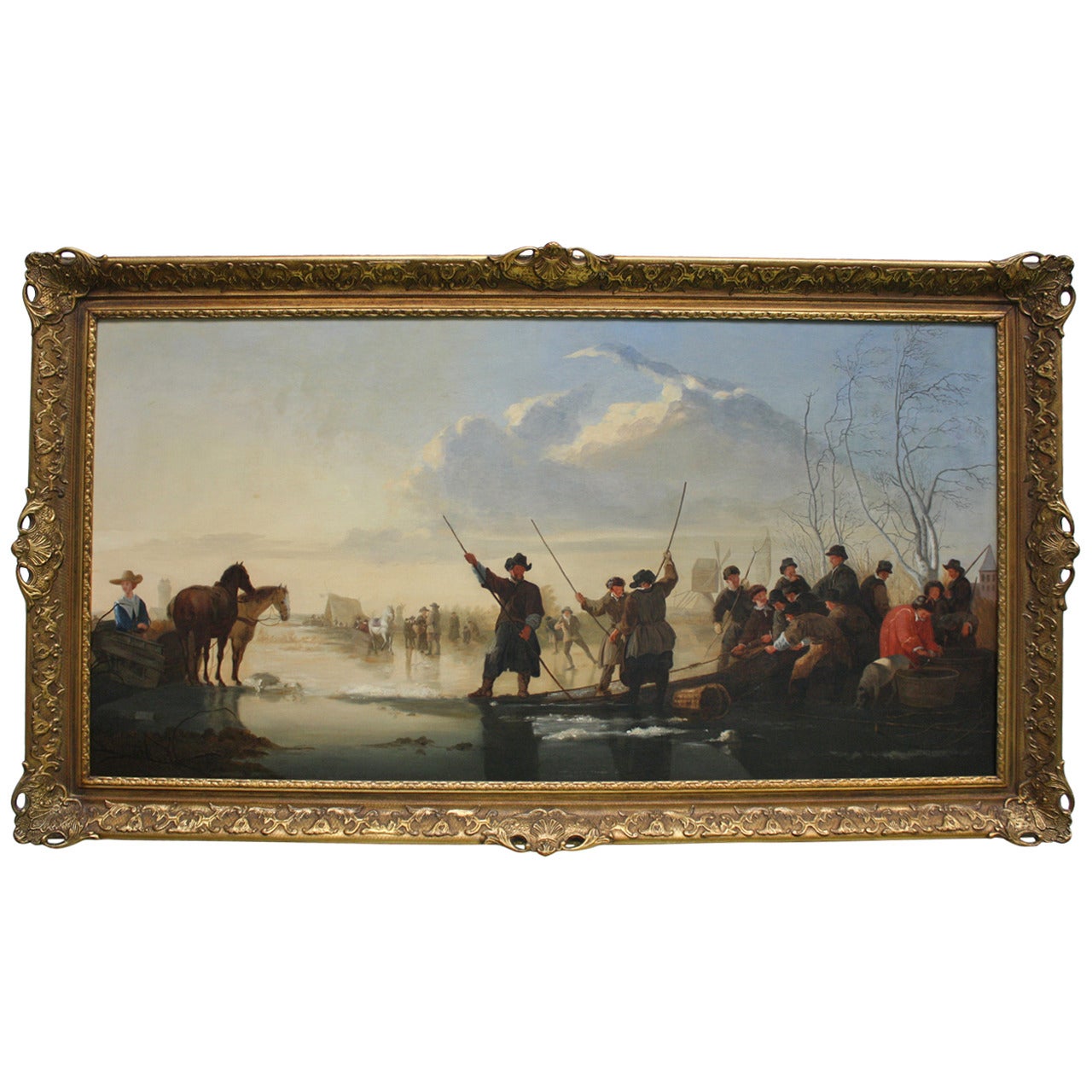 19th Century Fine Oil Painting "Bustling Activity at the Seaside" For Sale