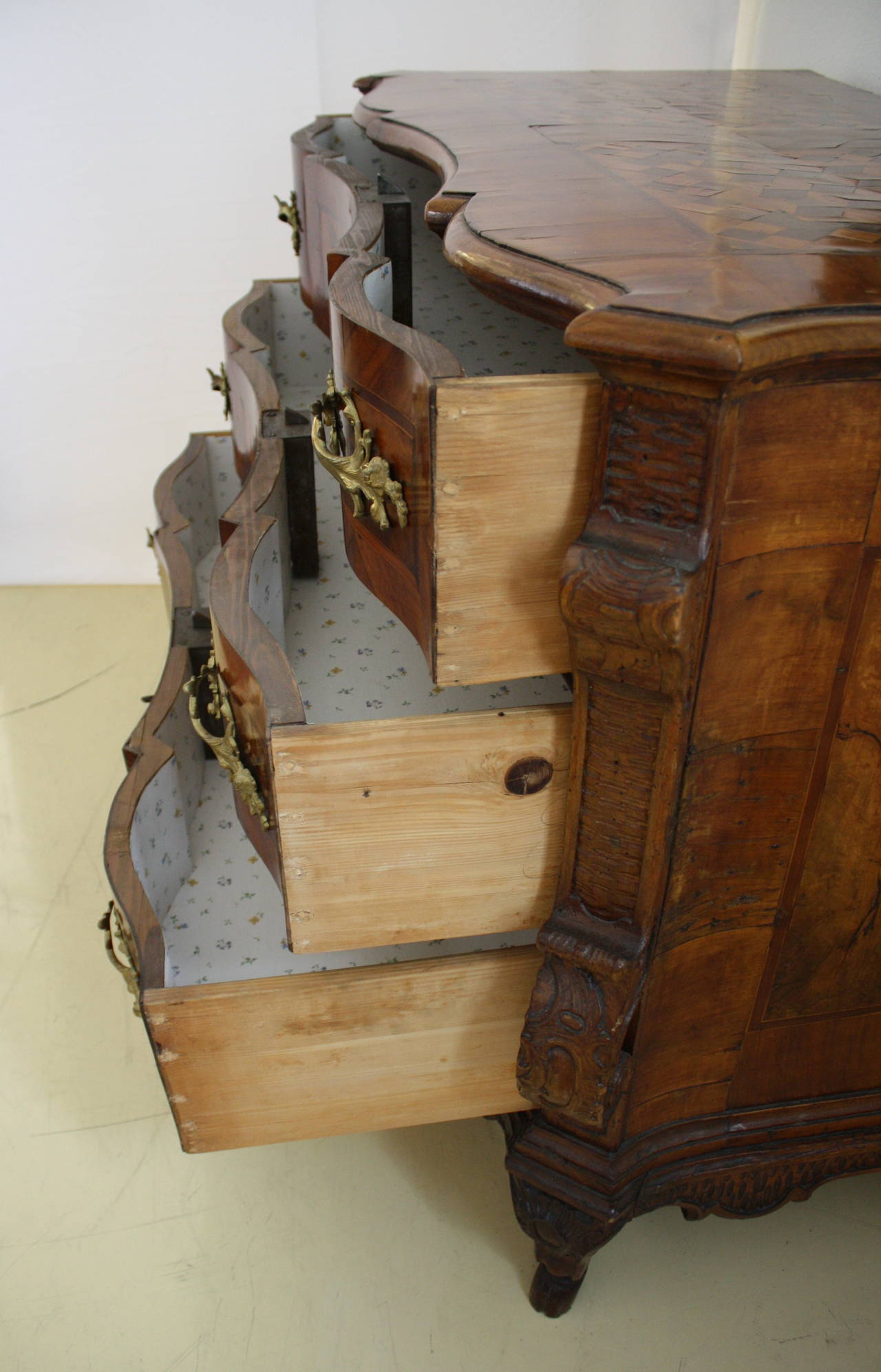 Nutwood 18th Century, Baroque Three-Drawer Chest For Sale