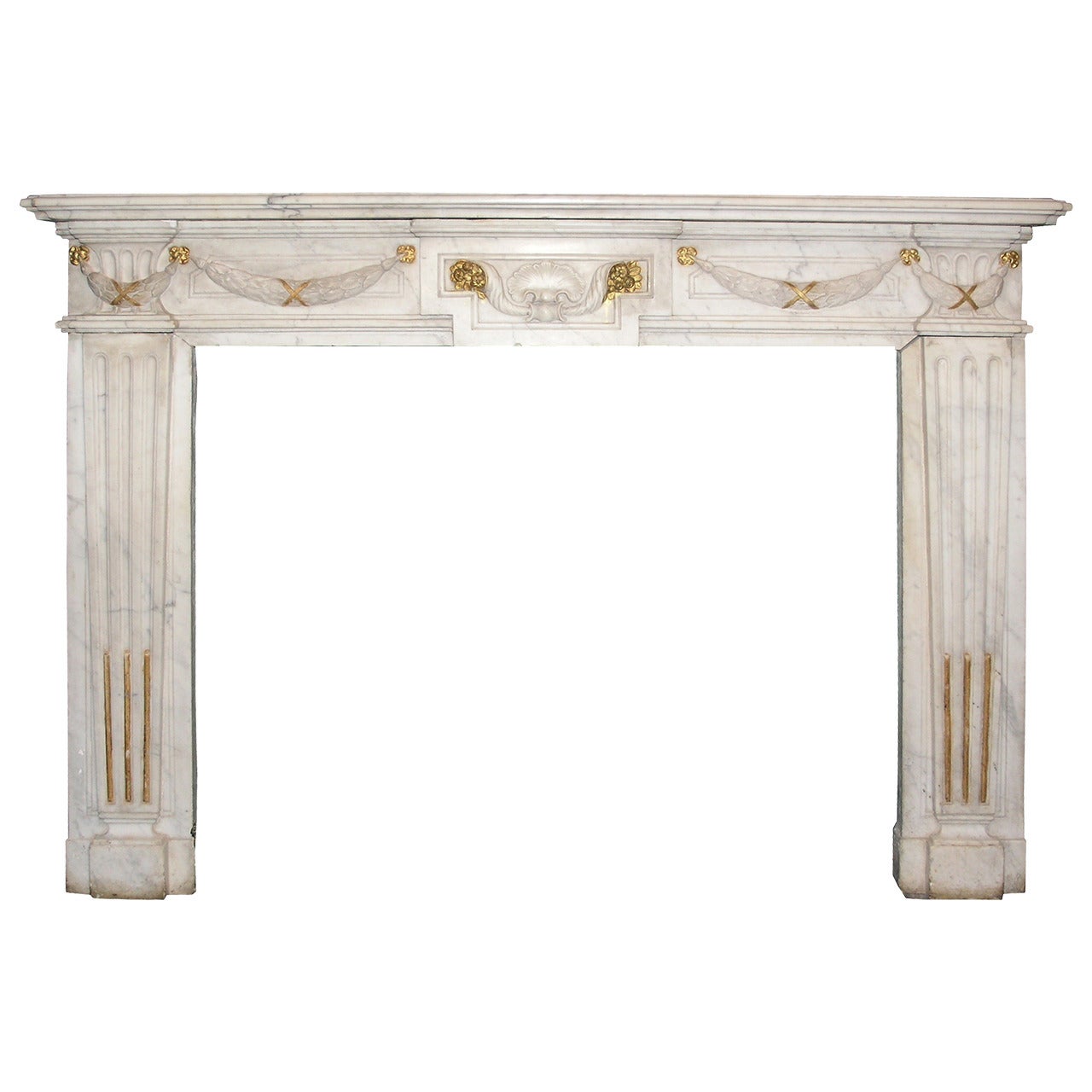 Antique Fireplace Made of Carrara Marble with Golden Detail