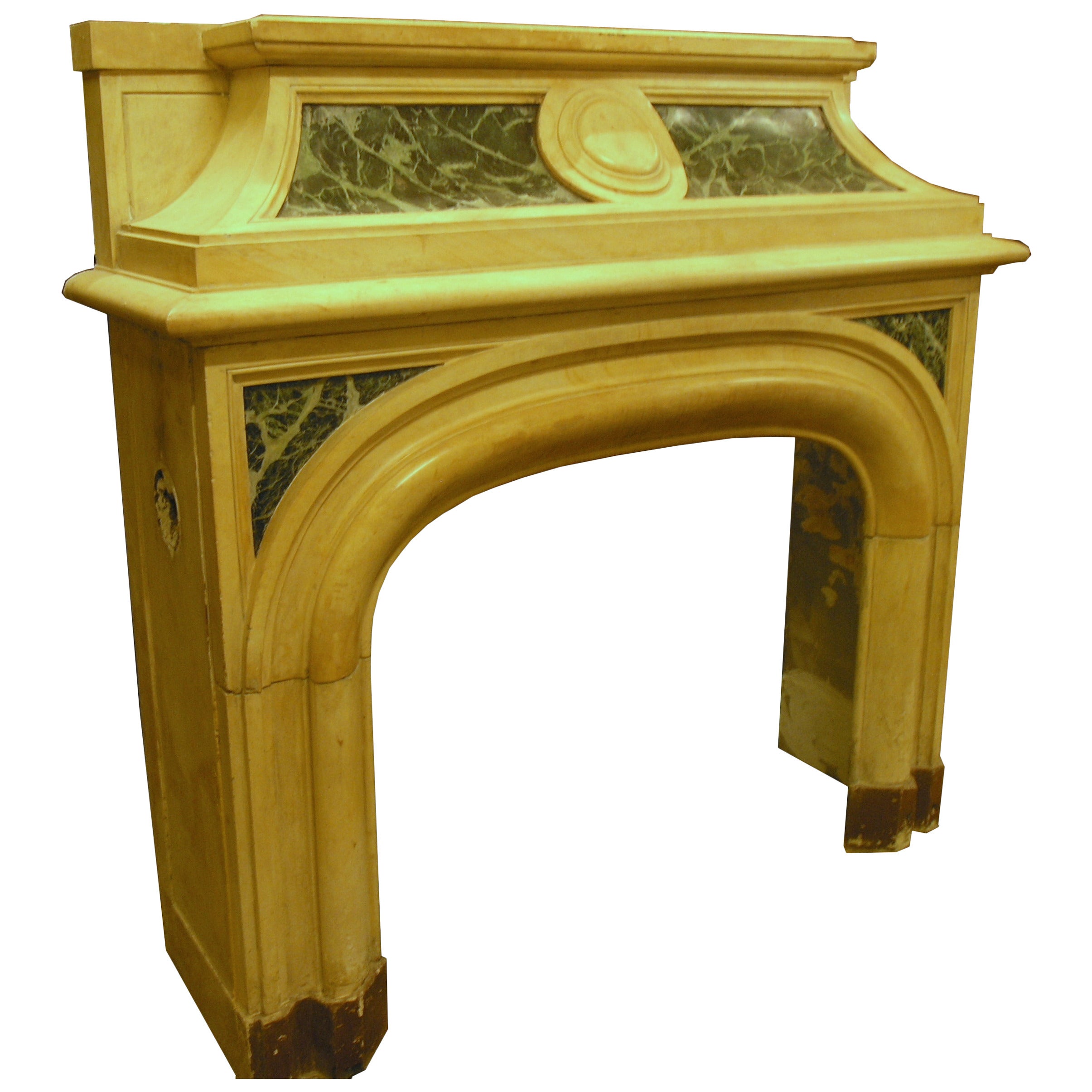 Antique Verde Alpi and Giallo Siena's Marble Fireplace Mantel