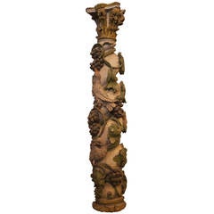 Antique Column Carved Made of Wood Garden Element