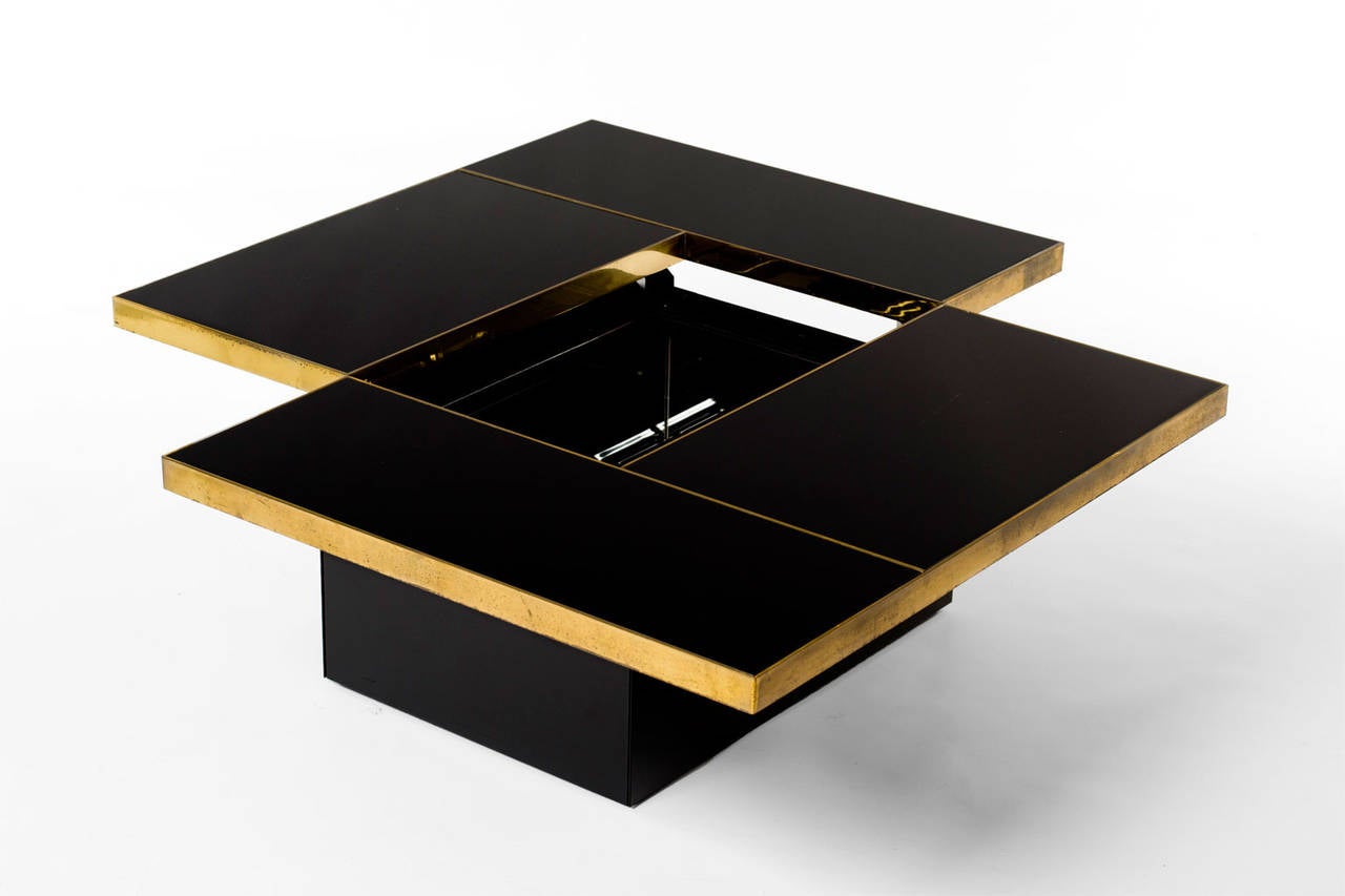 Hollywood Regency Brass and Black Mirror Cocktail Table with Liquor Storage