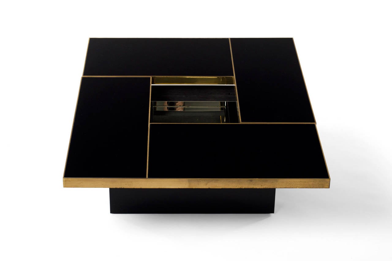 European Brass and Black Mirror Cocktail Table with Liquor Storage