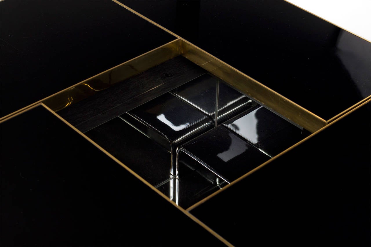 Blackened Brass and Black Mirror Cocktail Table with Liquor Storage