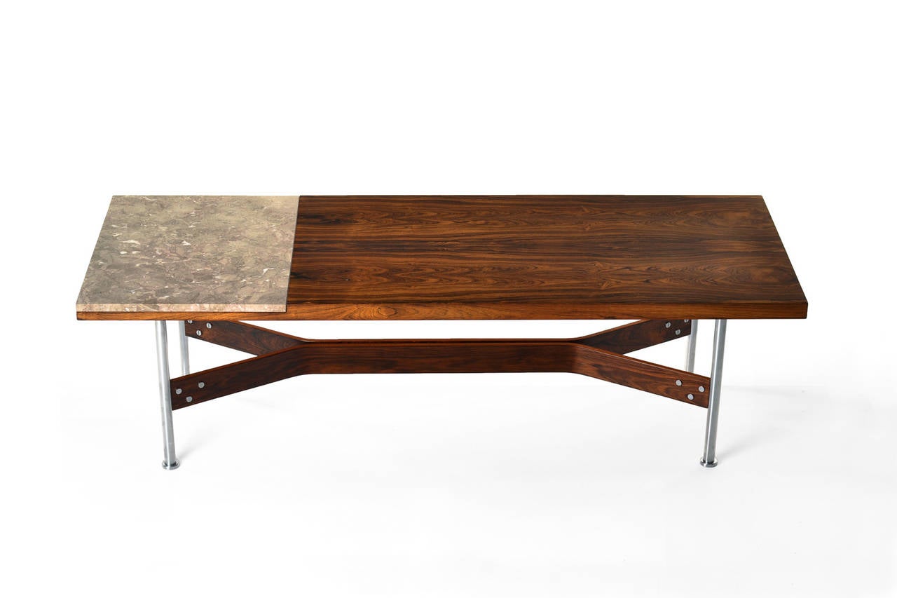 Rare coffee- / sidetable by Rudolf Bernd Glatzel for Fristho, Holland 1962. Made out of highest quality rosewood and a very sophisticated marble plate. Very nice sleek modern design with a beautiful base. The matt-chromed feet are connected by a