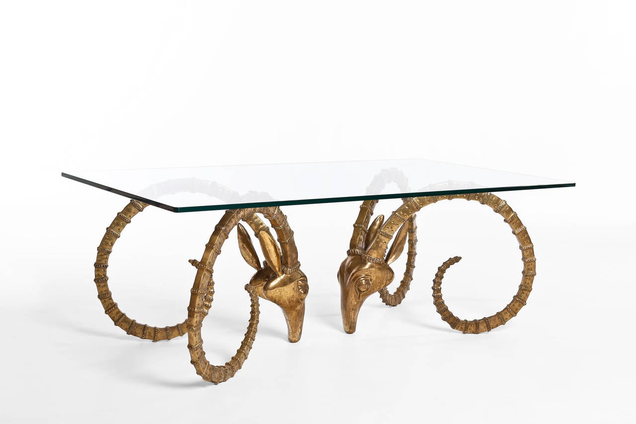 Hollywood Regency Brass Ram's Head Coffee Table
