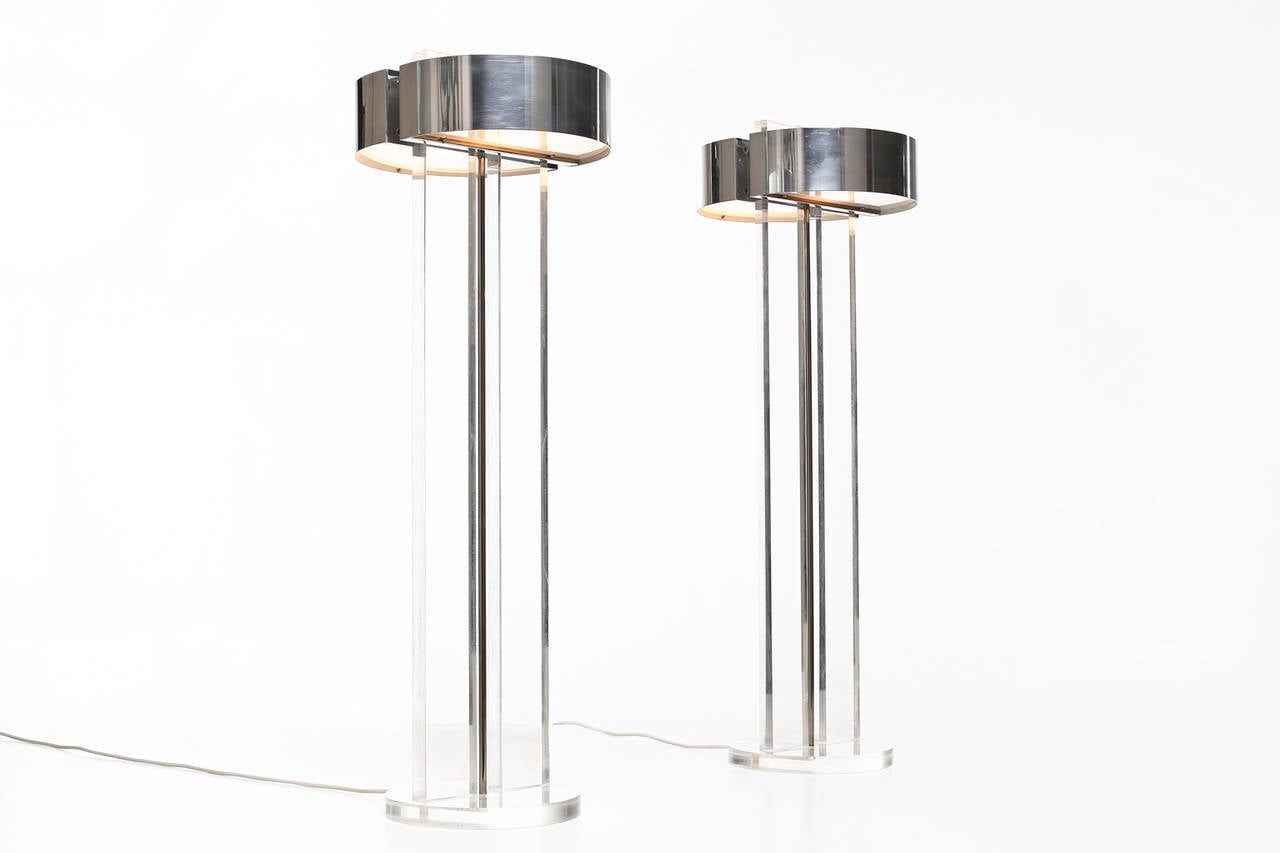 Stunning set of large lucite table lamps / floor lamps, 1970's. Made from thick lucite, polished aluminum shades and opal glass diffusers. Inside each part of the the lamp are two fittings. High Quality in the manner of George Kovacs. In excellent