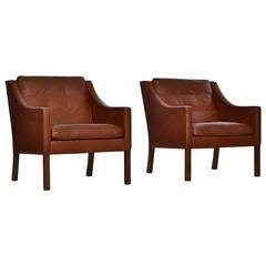 Pair of Cognac Leather Børge Mogensen Lounge Chairs