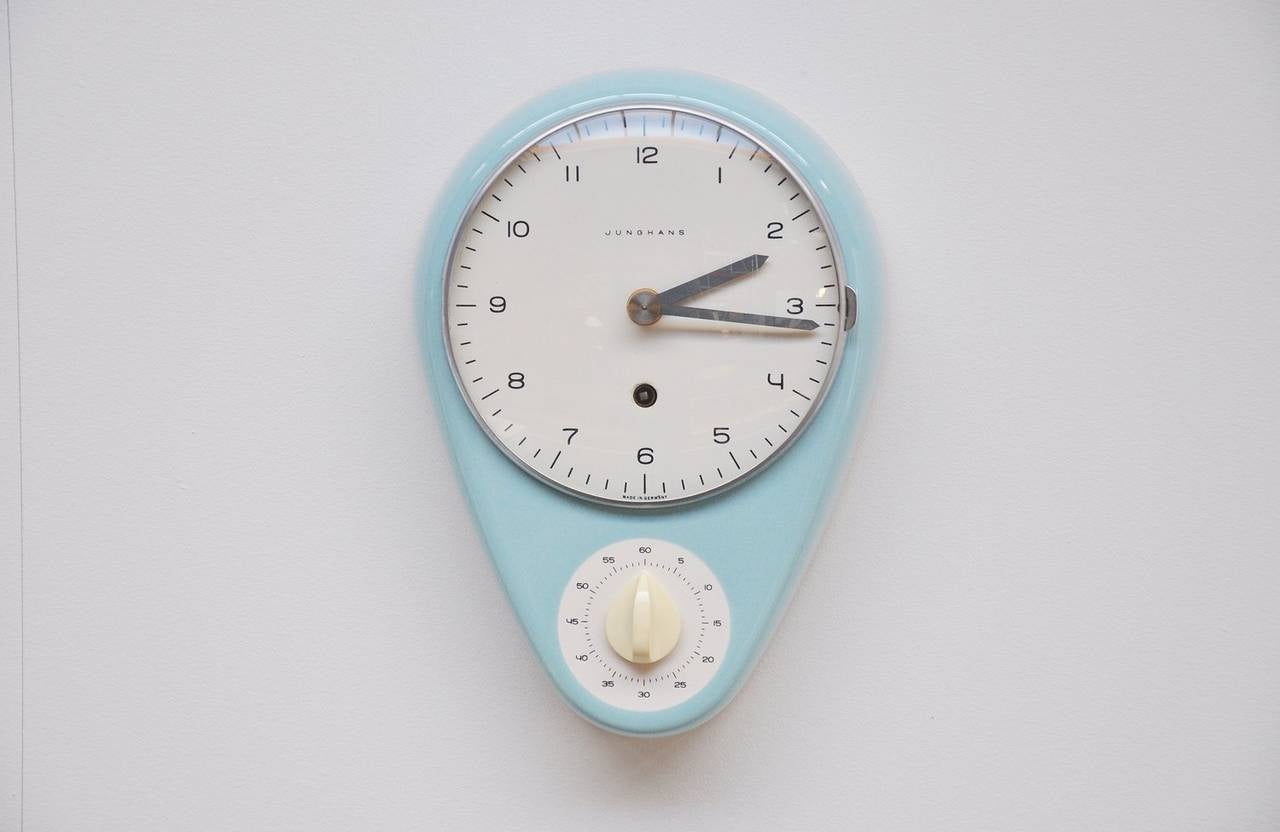 Important modernist blue glazed ceramic kitchen clock designed by Max Bill for Junghans, Germany, 1953. This original old clock is a well-known design icon, shown in many important books and catalogues. This fantastic clock is in perfect original