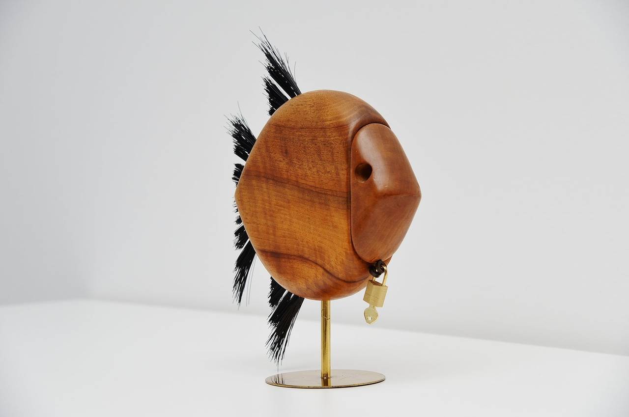 Mid-Century Modern Carl Auböck Walnut Fish Shaped Penny Bank, Austria, 1950