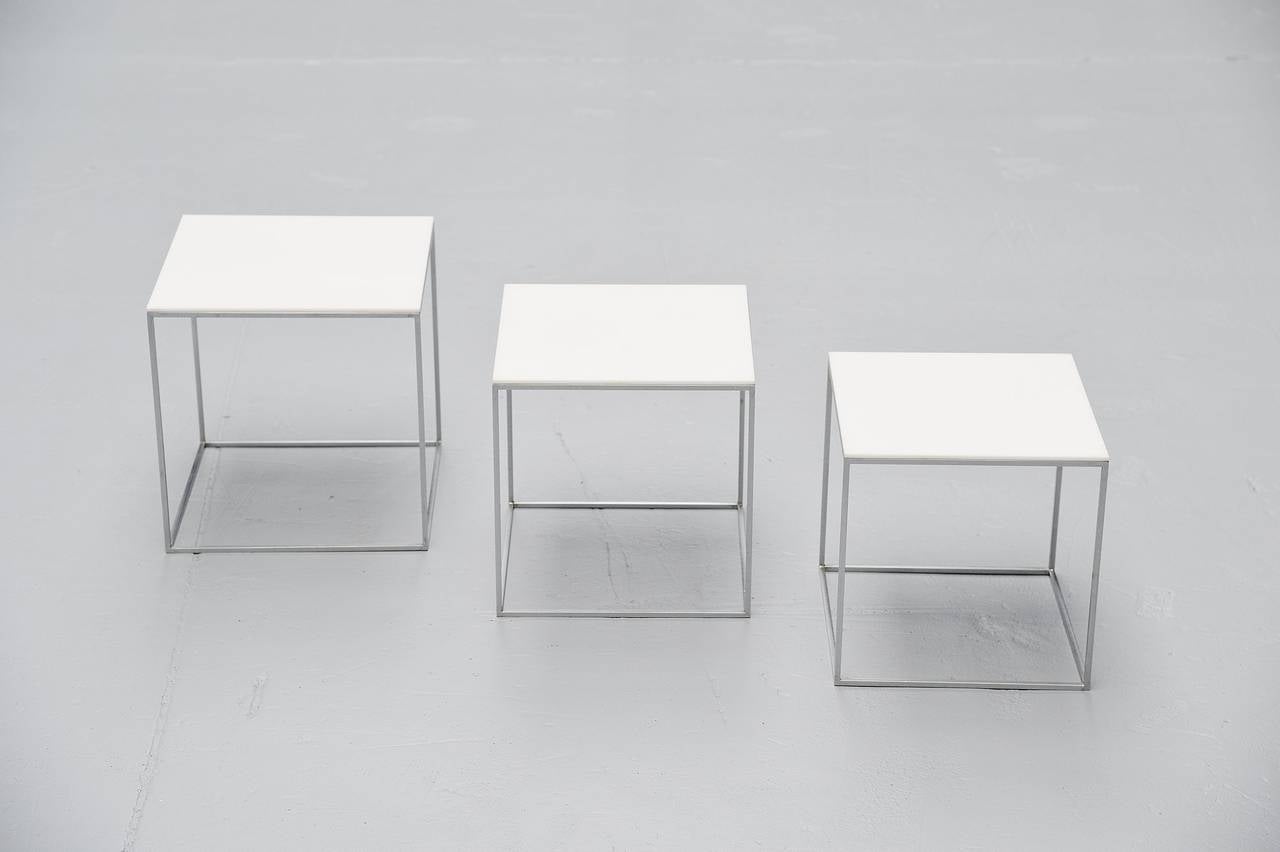Nice set of nesting tables model PK71 designed by Poul Kjærholm for Ejvind Kold Christensen, Denmark 1957-1982. These tables are a very rare first production as only the very few first produced tables were stamped with the ‘old’ EKC Denmark logo.