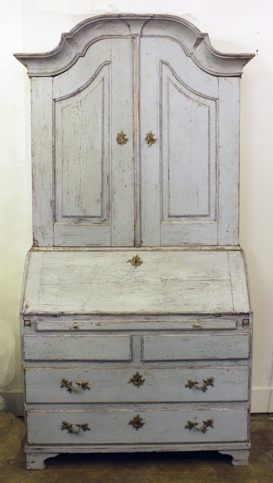 18th century Gustavian secretaire with original blue or gray and off white paint and original hardware.