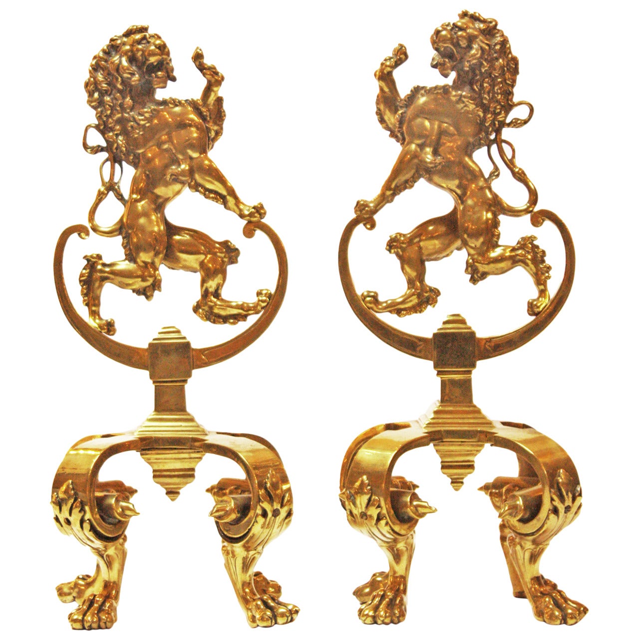 Pair of Elegant Andirons with Rampant Lions For Sale at 1stDibs