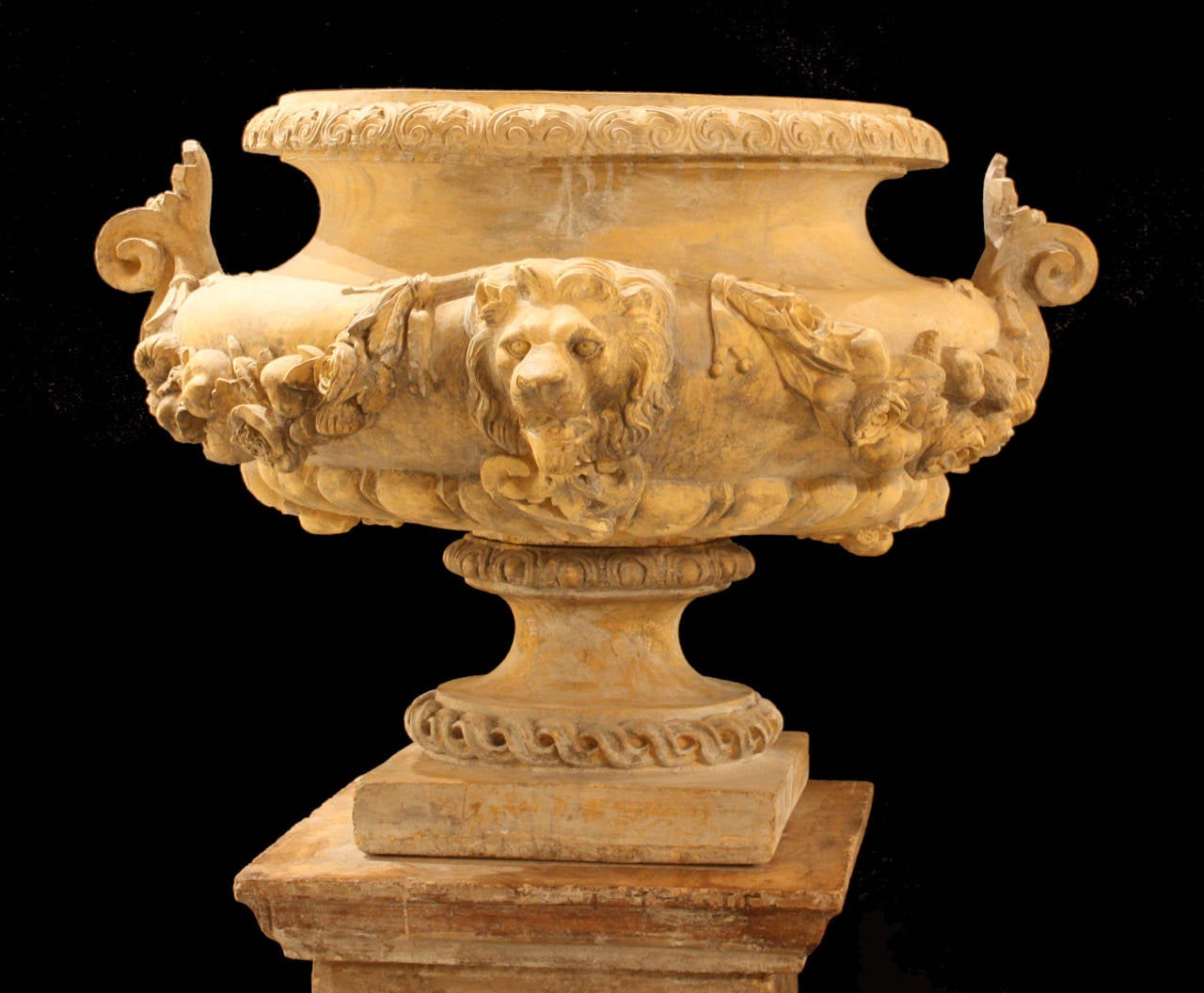 Monumental 19th century Swedish neoclassical styled coade stone urn resting on companion coade stone plinth. Sharp sculptural detailing.  Suitable for indoor or outdoor use.