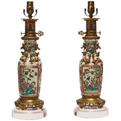 Pair of Antique Rose Medallion Lamps with Bronze Bases
