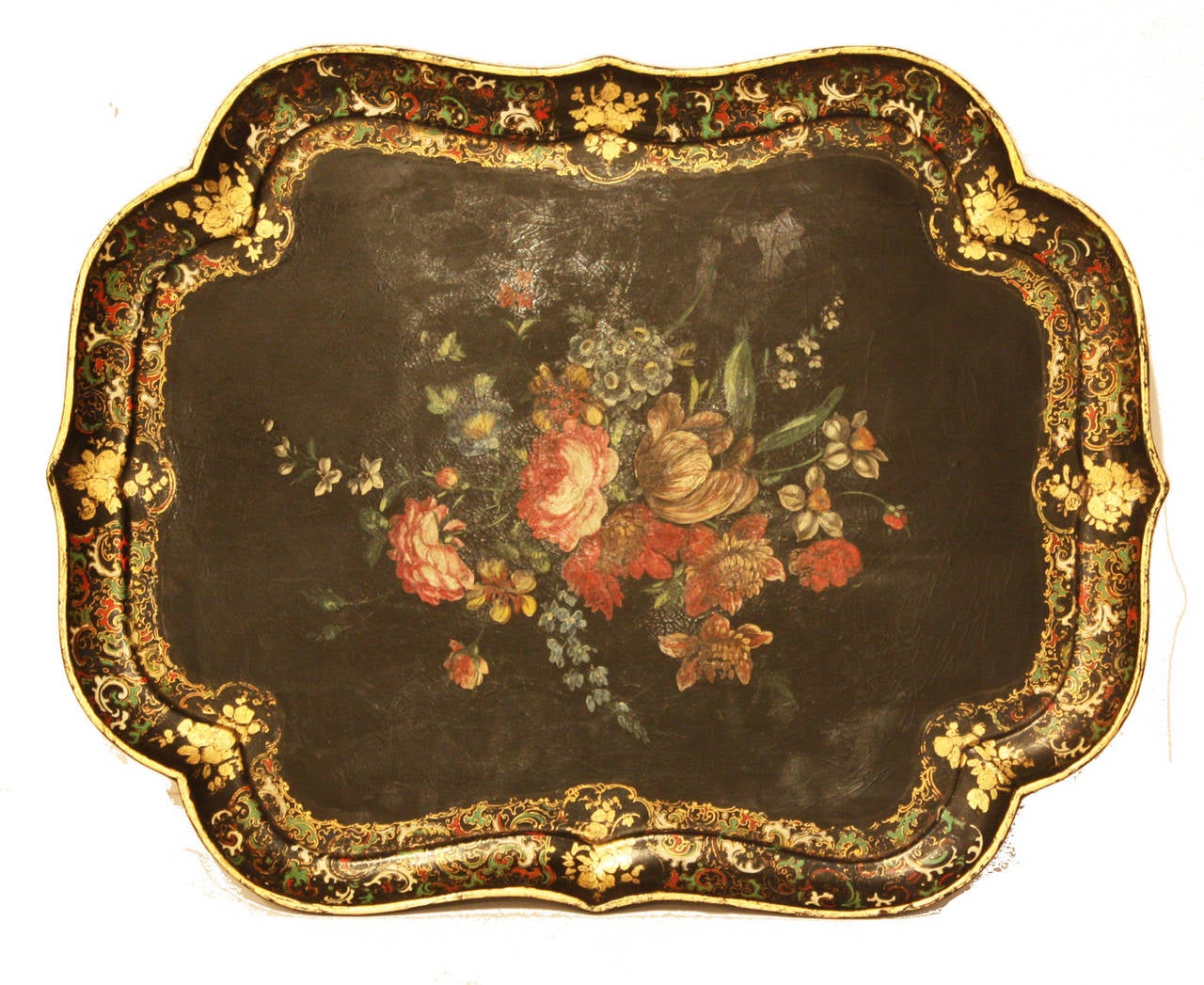 Regency papier mâché tray signed by Henry Clay, King St., Covent Garden, circa 1810. Now mounted on custom base. Clay was the most famous of all English papier mâché manufacturers and held a number of Royal warrants. His work is exhibited in