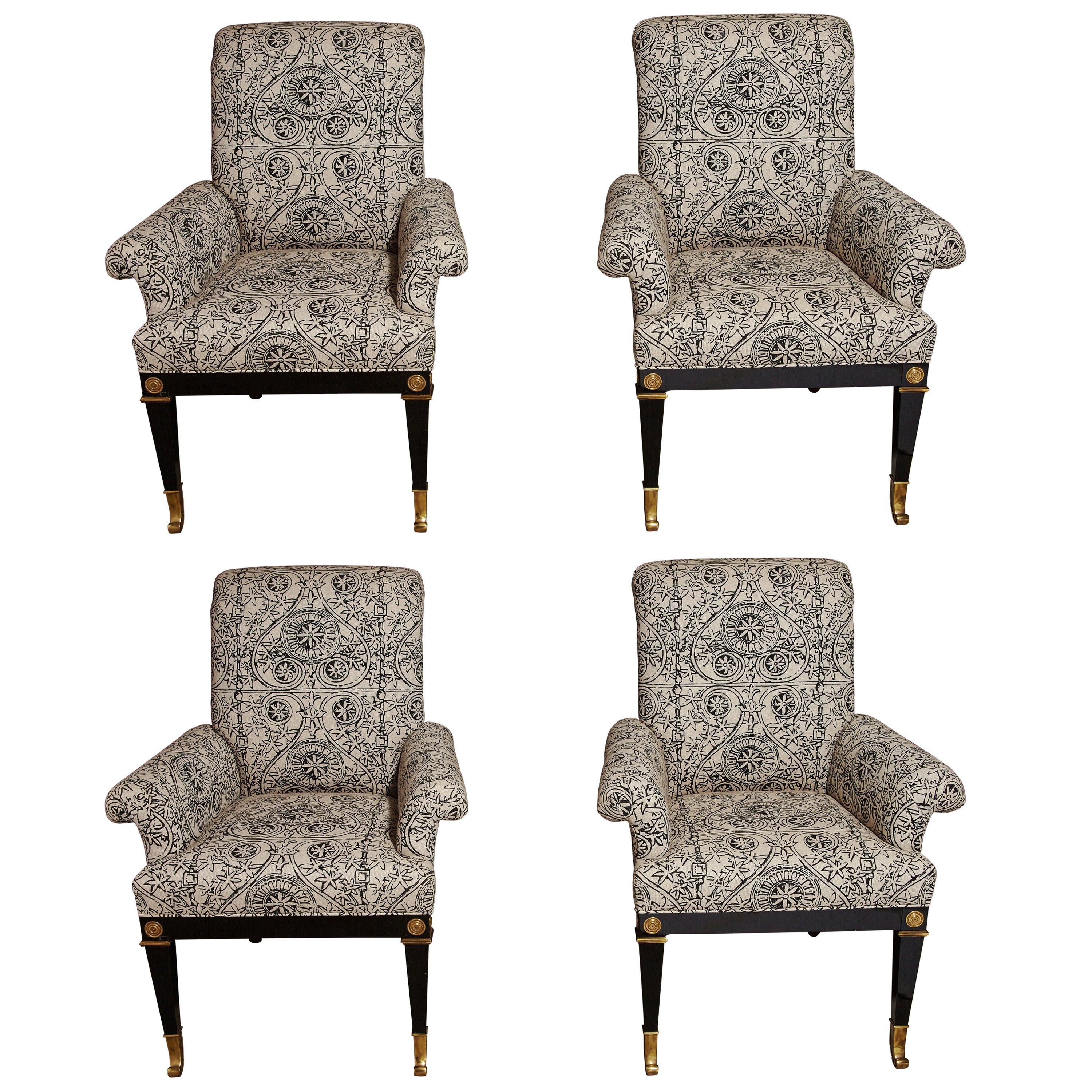 Set of Four Black Lacquer and Brass-Mounted Mastercraft Armchairs