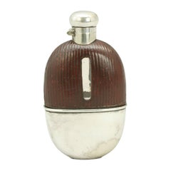 Antique Silver Plated Hip Flask with Leather Cover