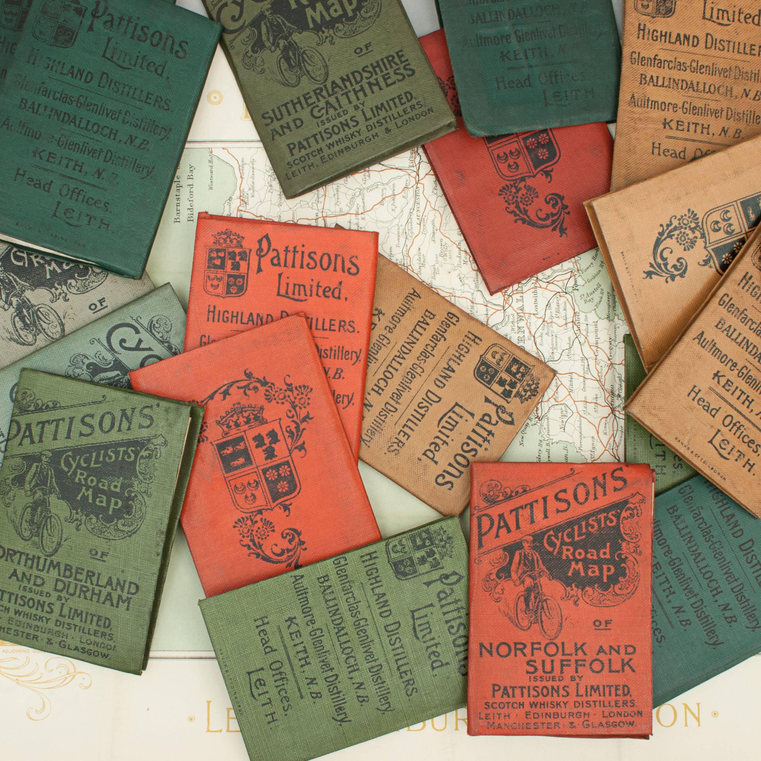 Pattison cycling road maps. 
This is a collection of 21 Pattisons' cyclists pocket road maps - issued by the Scotch Whisky Distillers of the late 1800s, Pattisons Limited. The maps are sold separately and are priced £39 each. Pattison spent a lot of