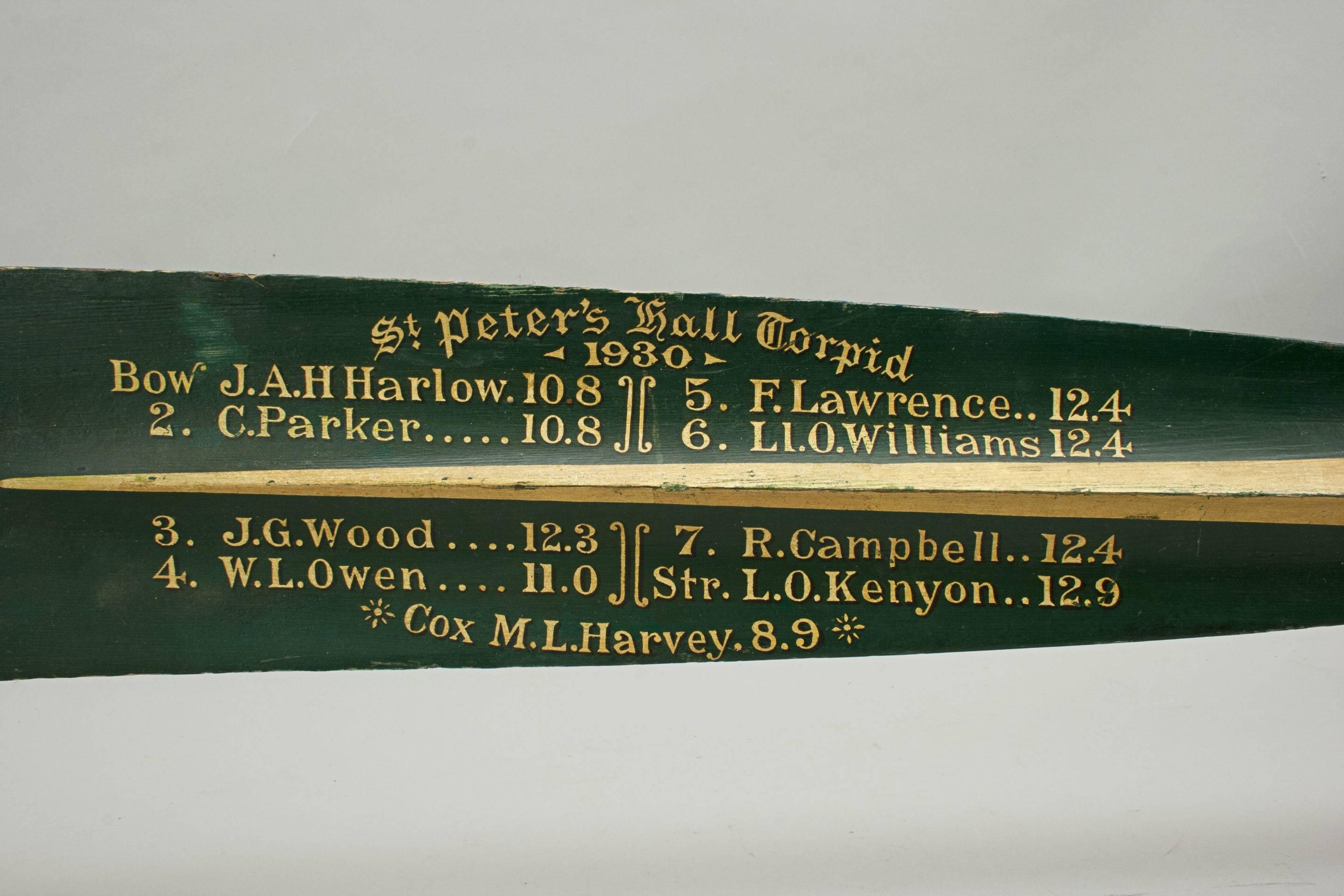 Oxford University presentation oar, trophy blade, 1930. 
The oar is an original traditional St. Peter's Hall (Oxford University) presentation rowing oar with gilt calligraphy. The writing on the trophy blade is in good condition. The oar is