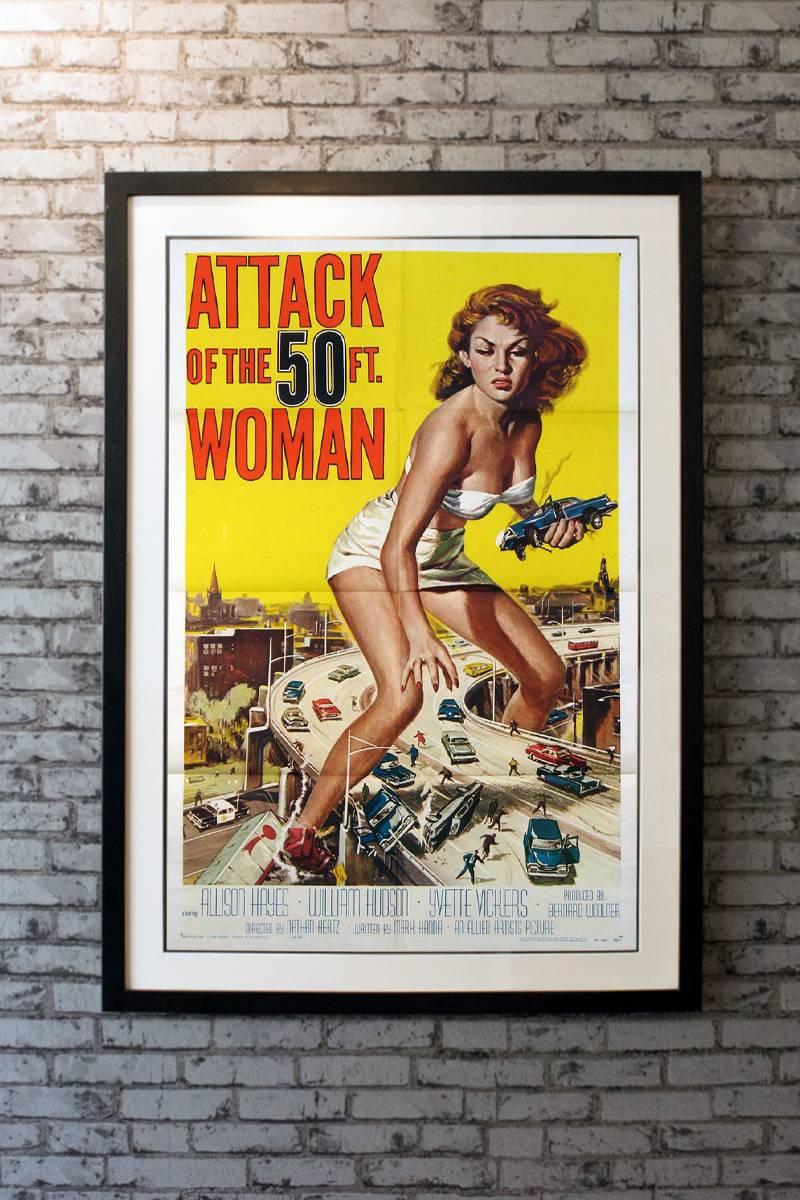 Renowned poster artist, Reynold Brown, supplied the iconic art for this striking and avidly collected one sheet. After being scratched by an alien, jealous wife Allison Hayes grows to enormous proportions, and takes out her anger in the form of an