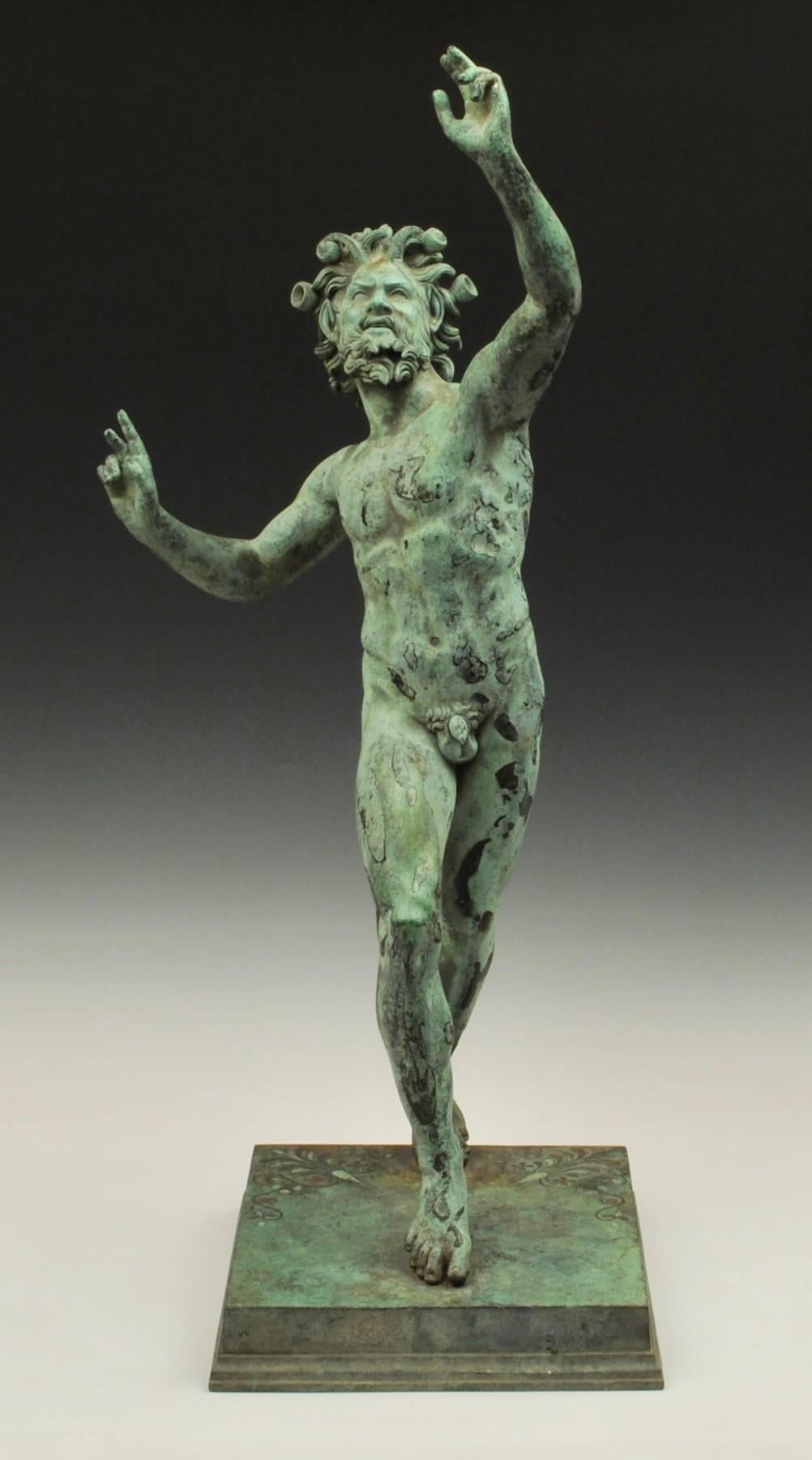 A fine quality 19th century Grand Tour bronze of the dancing faun of Pompeii, the casting and chiselling is very fine and the base incised with decoration.