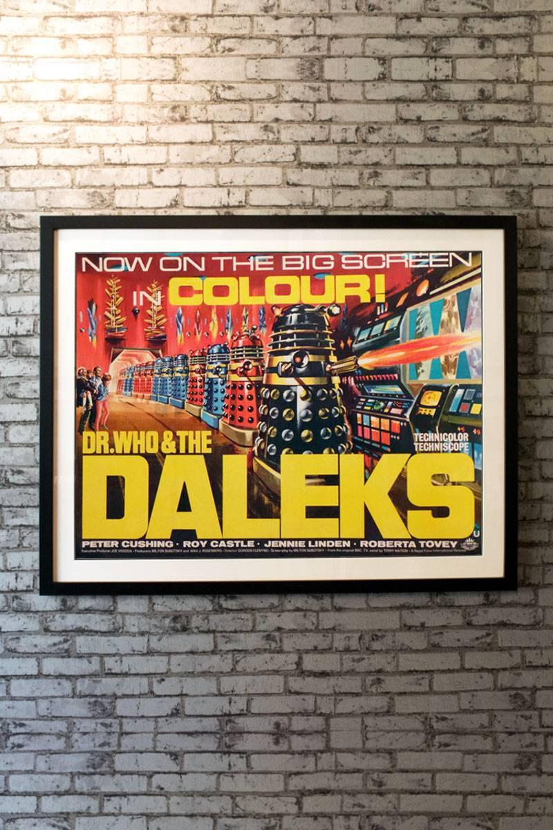 This is a super rare country-of-origin UK quad from the film's first release in 1965. Dr Who (Peter Cushing) and his companions battle the evil Daleks on Planet Skaro. 

Linen-backing + £150

Framing options:
Glass and single mount +