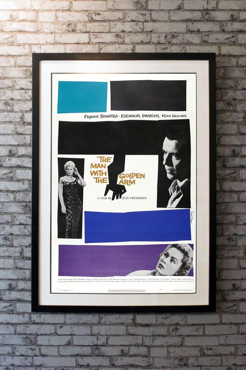 Legendary Otto Preminger directs Frank Sinatra in one of his best dramatic performances as a recovering heroin addict who struggles against the odds to stay clean. Saul Bass lends his signature, Stark style to this very presentable one sheet. In
