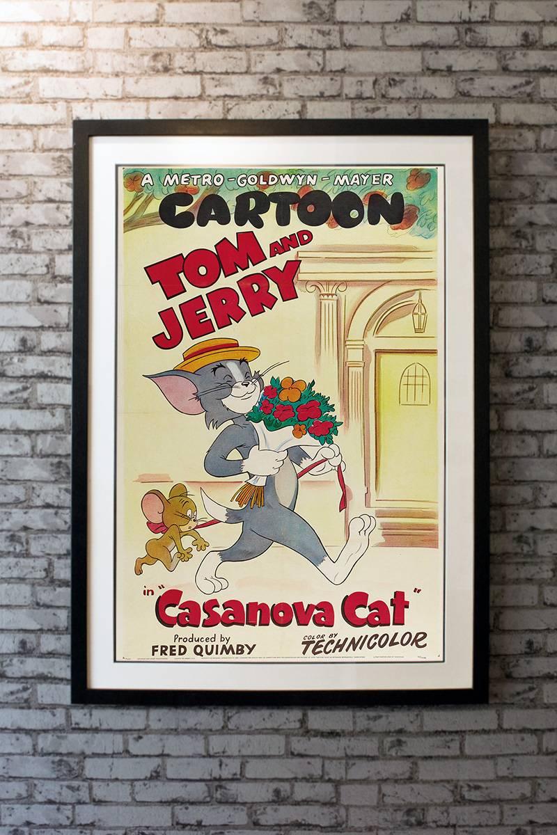 Tom Cat tries to win the affections of beautiful feline heiress, but Jerry Mouse complicates matters by bringing a local alley cat into the mix. 

Linen-backing + £150

Framing options:
Glass and single mount + £250
Glass and double mount +
