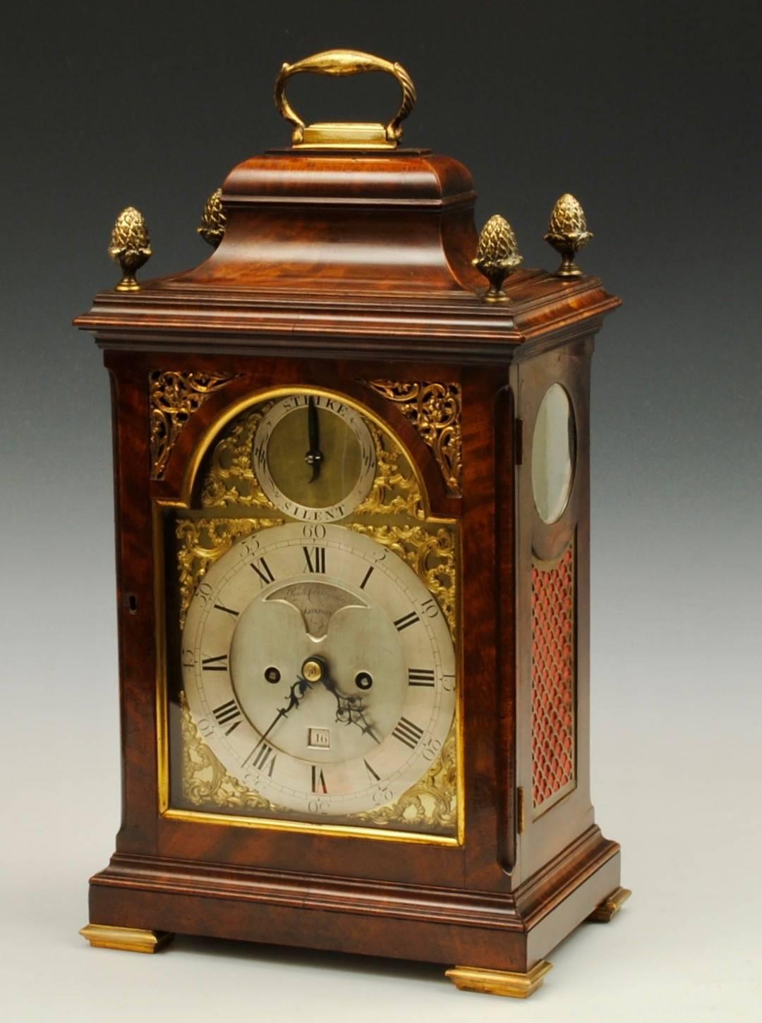 A George III period bell top mahogany cased eight day bracket clock of superb colour and pagination, the eight day twin train movement with pull repeat now converted to anchor escapement has a finely engraved back plate. Signed on the dial Richard