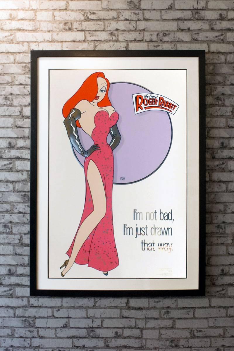 Rare mylar and gold leaf style E of Jessica Rabbit with the tag line 'I'm not bad, I'm just drawn that way’ US 1 sheet. This poster is one of the most sought after posters of any animated feature film. Because these would have been expensive to
