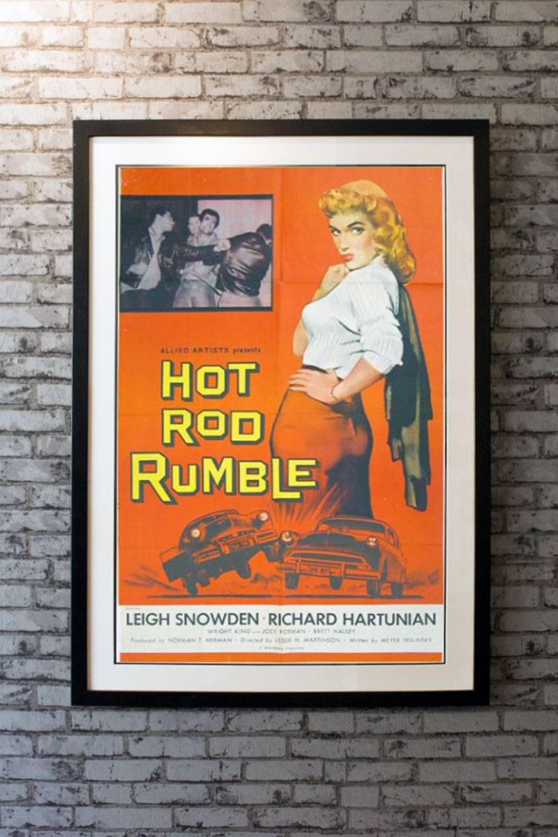 One of the greatest hot rod posters ever produced, this one sheet, with its sexy image of Leigh Snowden and crashing cars, is highly prized by collectors of this genre. Brett Halsey and Richard Hartunian (doing his best Brando impersonation) also