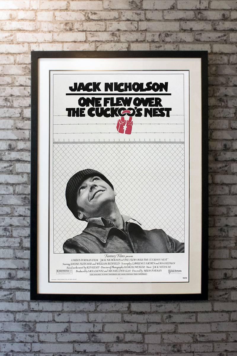 Starring Jack Nicholson, Louise Fletcher, William Redfield, Michael Berryman, Scatman Crothers, Danny DeVito, Christopher Lloyd, Will Sampson, Vincent Schiavelli, and Brad Dourif. Directed by Milos Forman. An unrestored poster with bright color and