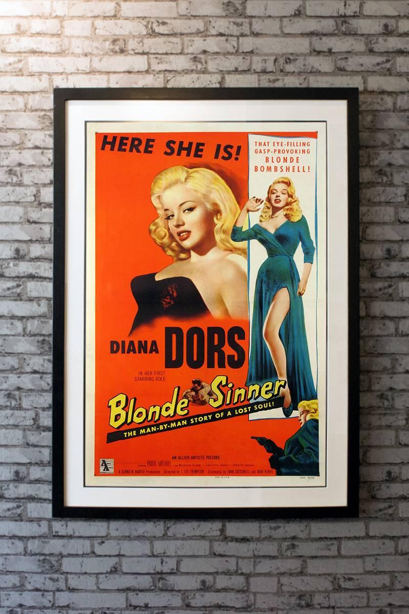 Voluptuous Diana Dors stars in this exploitation film about a love triangle gone horribly wrong. Dors is definitely the main attraction of this alluring one sheet.

Framing options:
Glass and single mount + £250
Glass and double mount +