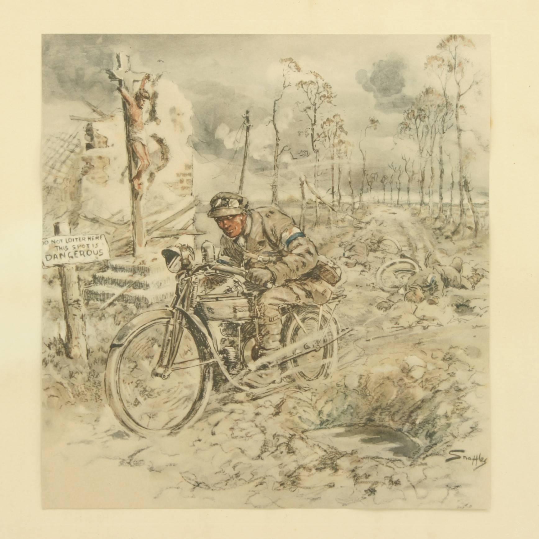 A good hand colored Snaffles WWI military print 'The D.R.'. The lithograph shows a despatch rider on a motor cycle racing past two dead riders in the road, a sign saying 