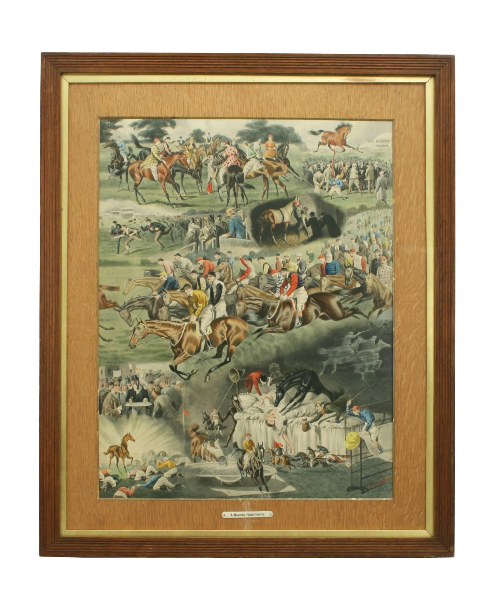 Horses racing print, a racing nightmare, Alfred Charles Havell.
A fine equestrian print by Alfred Havell entitled 'A Racing Nightmare' in original oak frame with gold slip and oak mount. The lithograph is hand colored and published by Fores. The