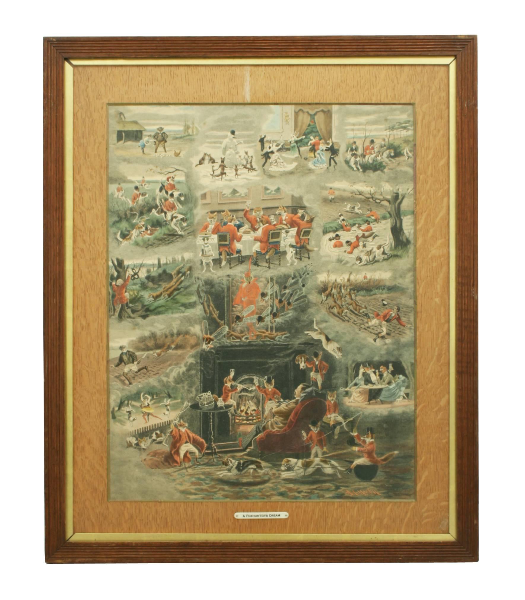A fine equestrian hunting print by Alfred Havell entitled 'A Foxhunter's Dream' in original oak frame with gold slip and oak mount. The lithograph is hand colored and published by Fores. The mount is with titled ivorine plaque.

Alfred Charles