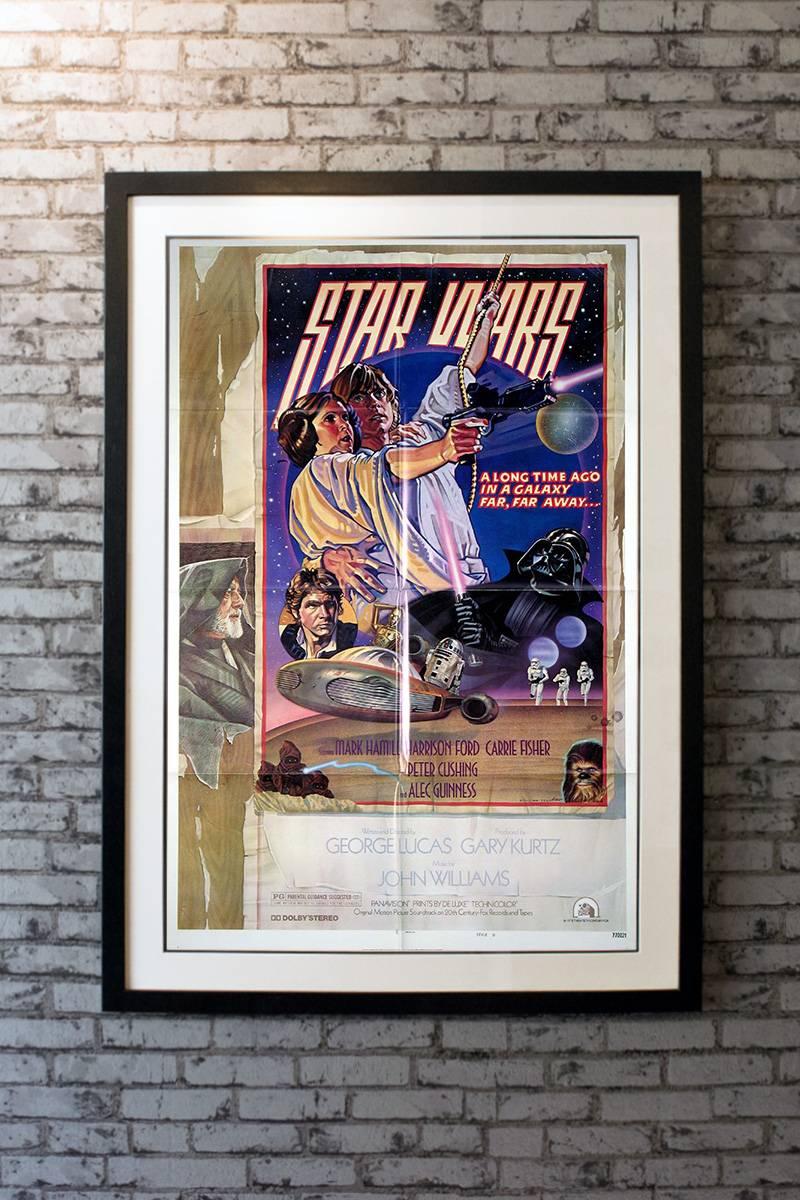Said to be George Lucas' favourite poster design (the original artwork, by Drew Struzan and Charlie White, hangs in his house), the style D was created in the early summer of 1978 to breath some new life into the film's first release which had been