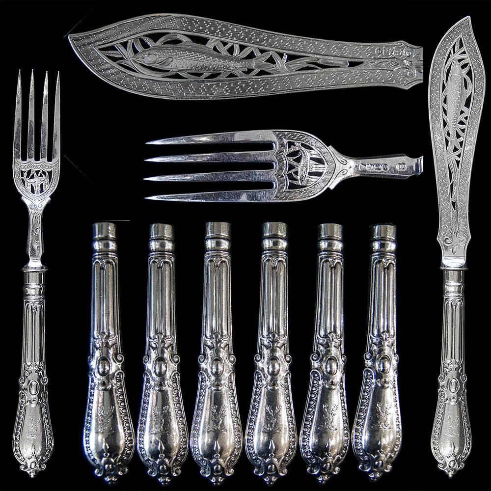 Mid-19th Century Set of Six Pairs of Silver Antique Grecian Pattern Fish Eaters by George Adams For Sale
