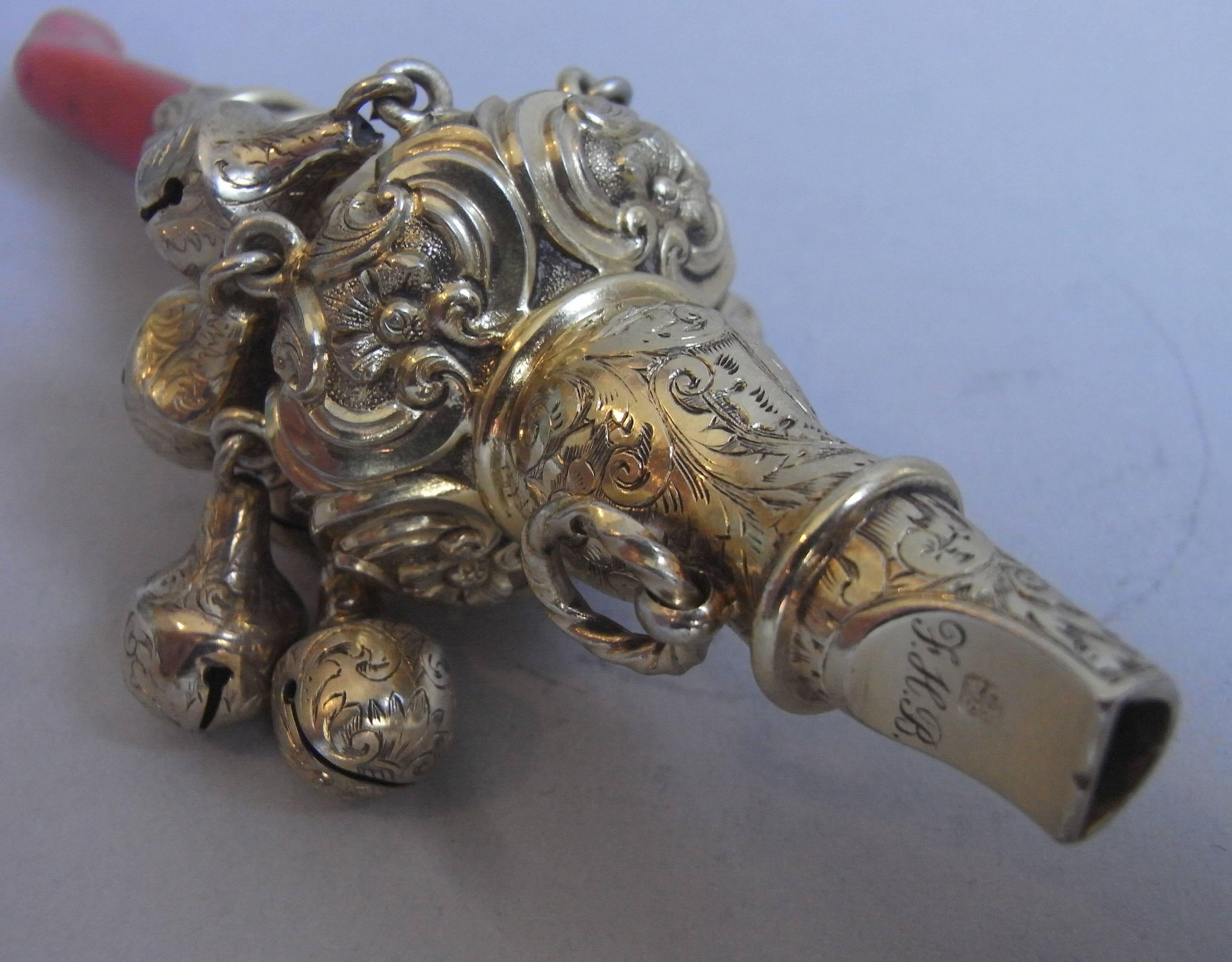 English Exceptional Silver Gilt Rattle by Charles Rawlings & William Summers