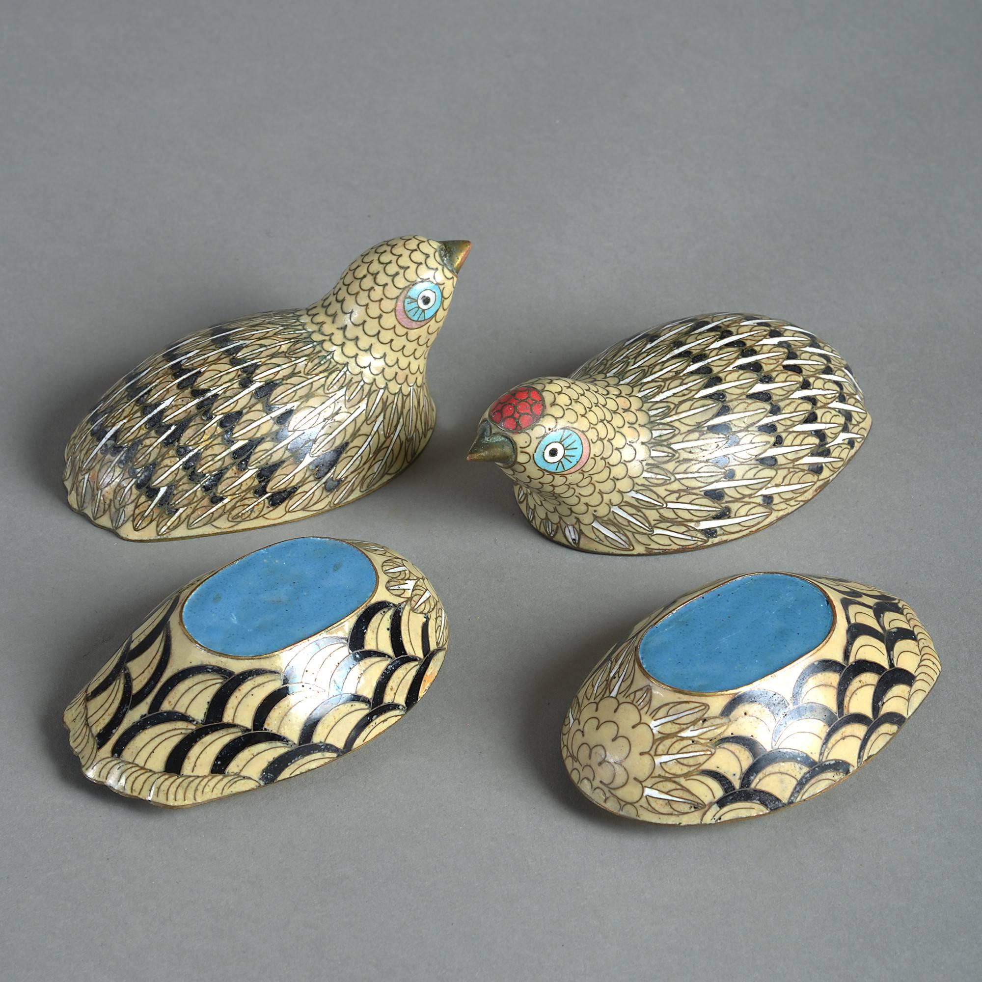 Chinese Late 19th Century Pair of Cloisonné Quail Boxes