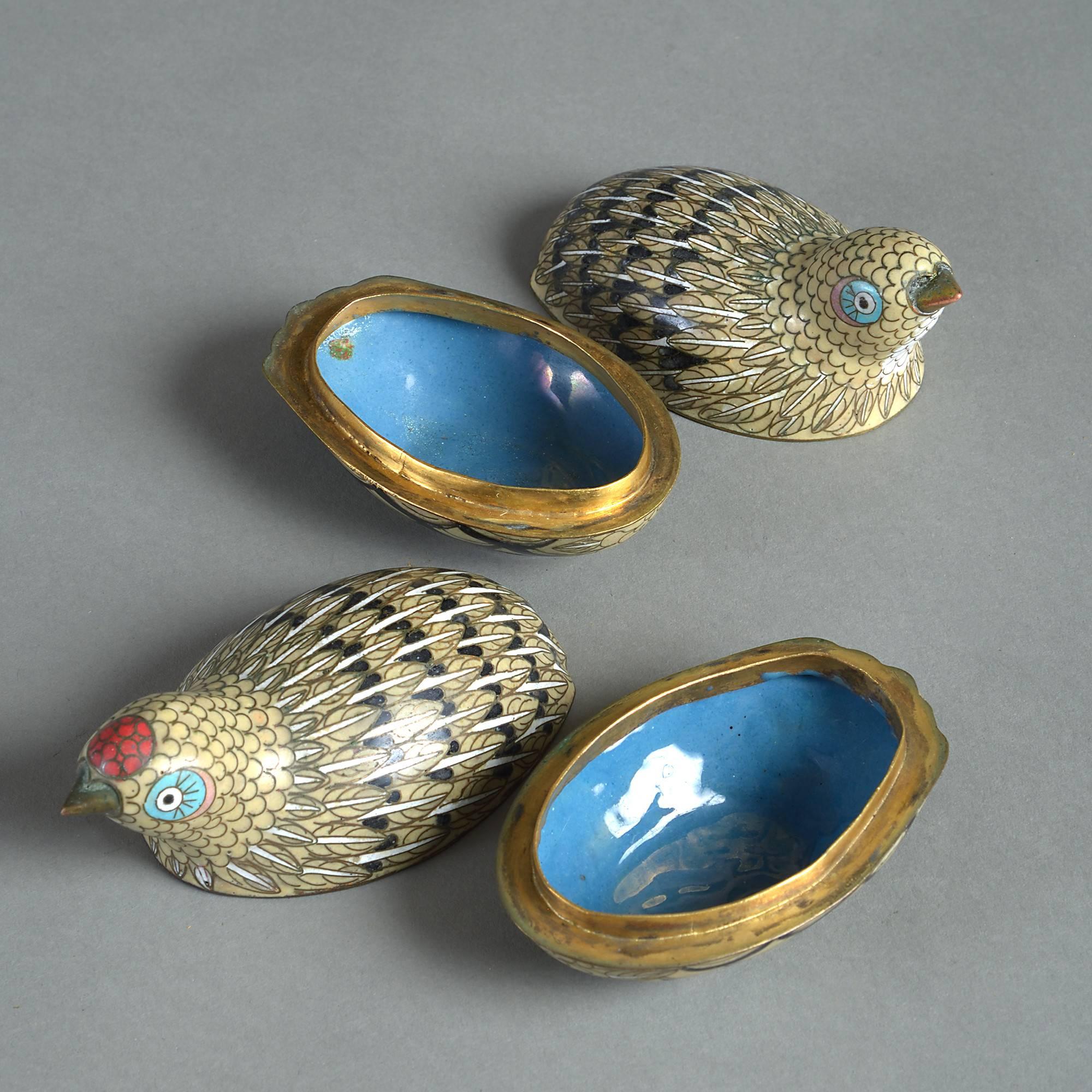 Early 20th Century Late 19th Century Pair of Cloisonné Quail Boxes