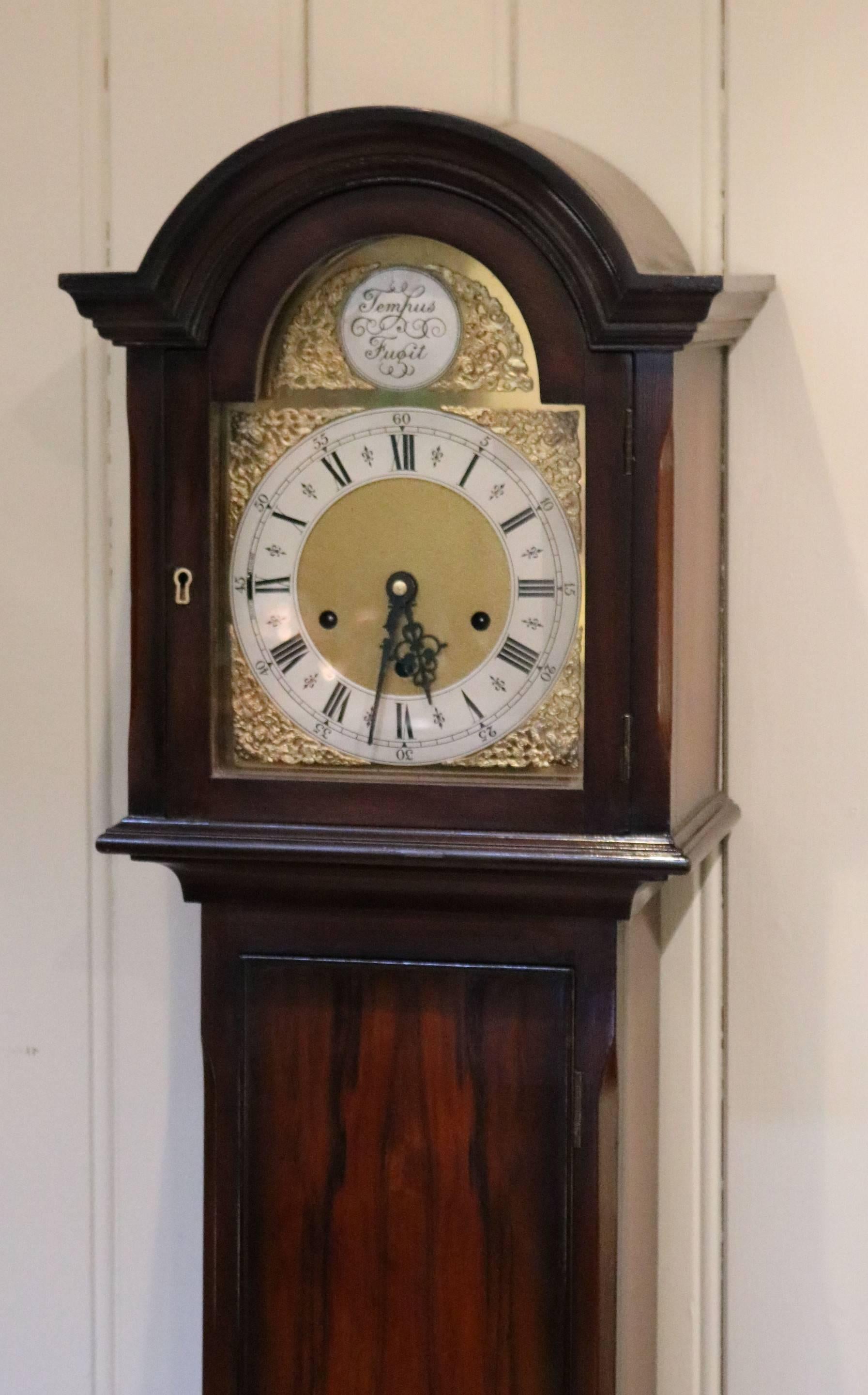 A walnut cased Westminster chime Grandmother clock in the 18th century style dating to George VI period. It has a break arch hood, chamfered corners and a long door with a shaped plinth. The brass dial has a silvered chapter ring and a tempus fugit
