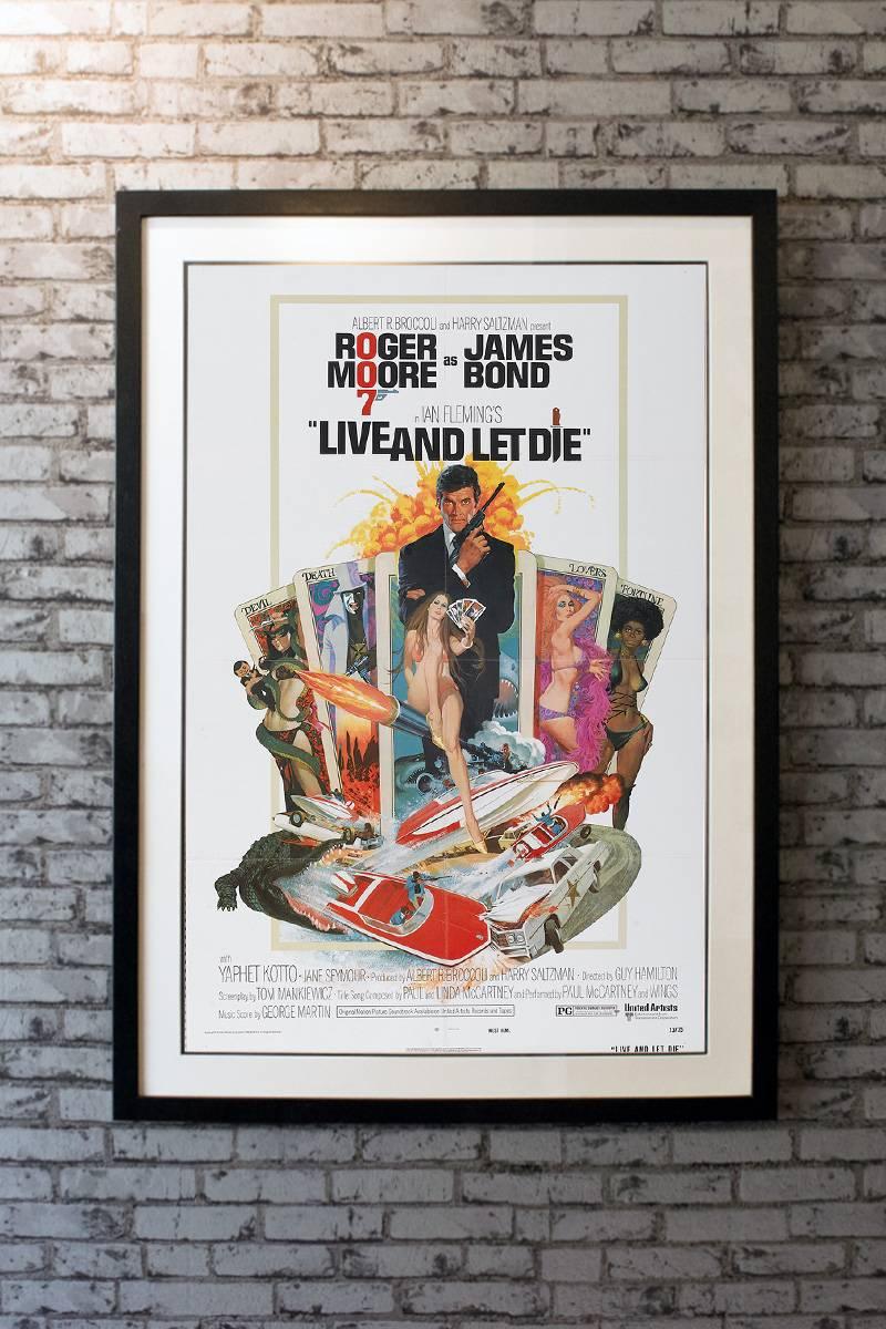 Eastern Hemisphere. Roger Moore's first assignment as Agent 007 has him tracking down a heroin magnate. With only faint wrinkling, this Eastern Hemisphere one sheet will display very well.

Framing options:
Glass and single mount + £250
Glass and