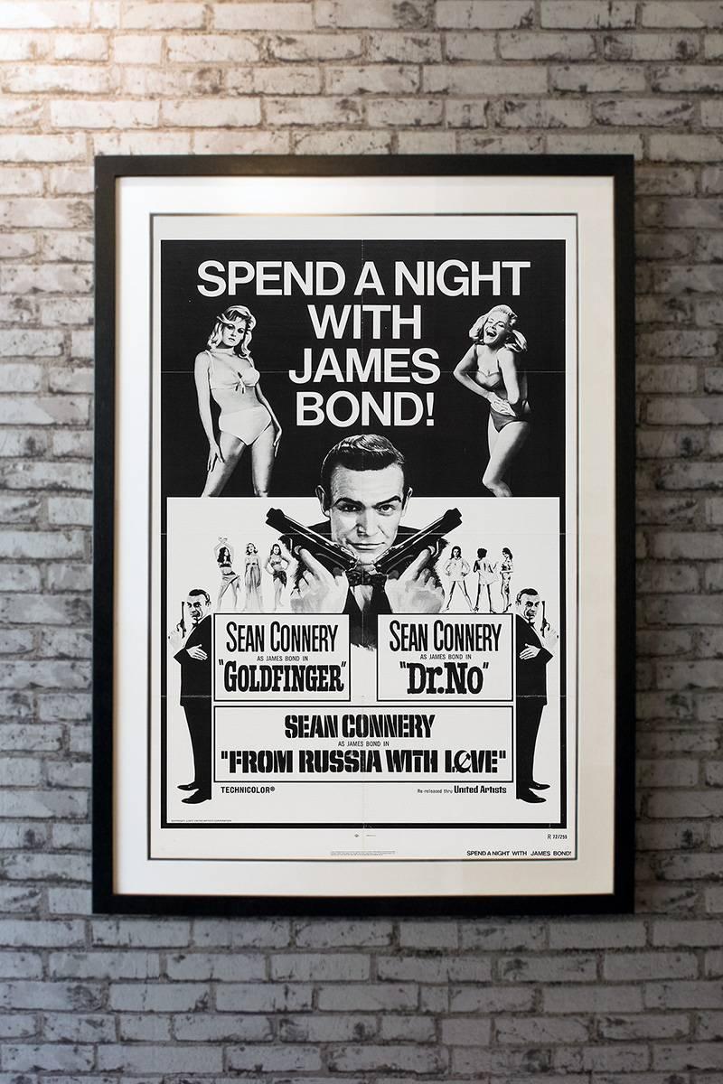 Goldfinger, Dr. No, and From Russia With Love are the movies featured for the film festival. Starring Sean Connery. Directed by Terence Young. 

Linen-backing + £150

Framing options:
Glass and single mount + £250
Glass and double mount +