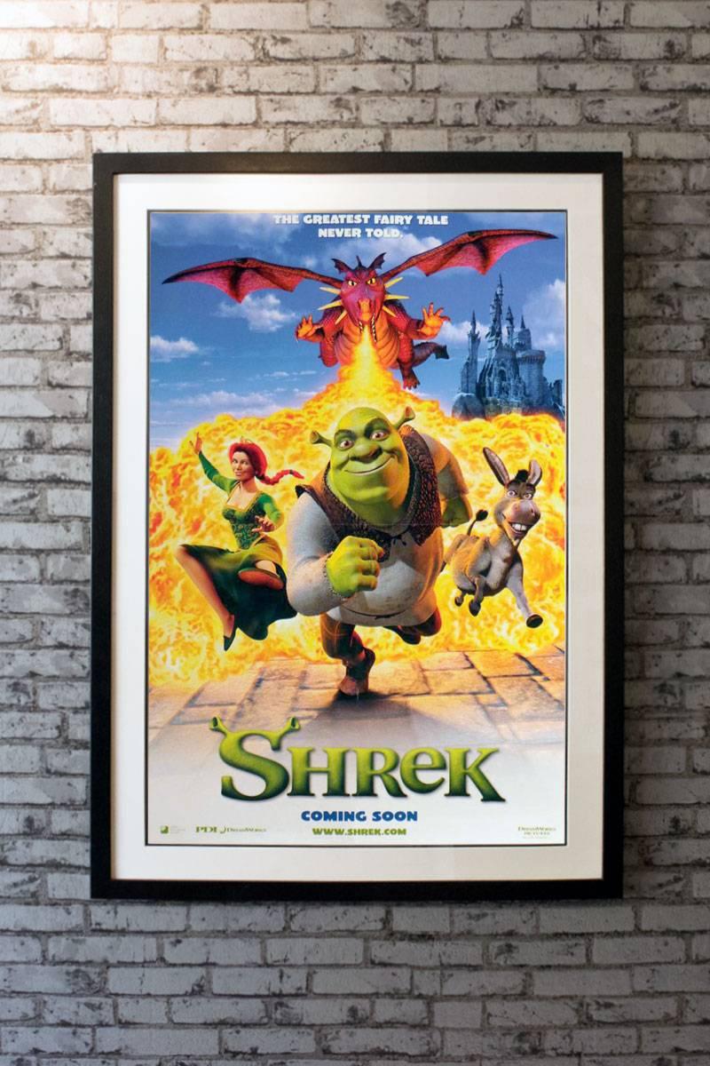 Starring the voices of Mike Myers, Eddie Murphy, Cameron Diaz, John Lithgow, Vincent Cassel, Peter Dennis, and Clive Pearse. Directed by Andrew Adamson and Vicky Jenson. An unrestored poster that appears virtually unused. Closer inspection may