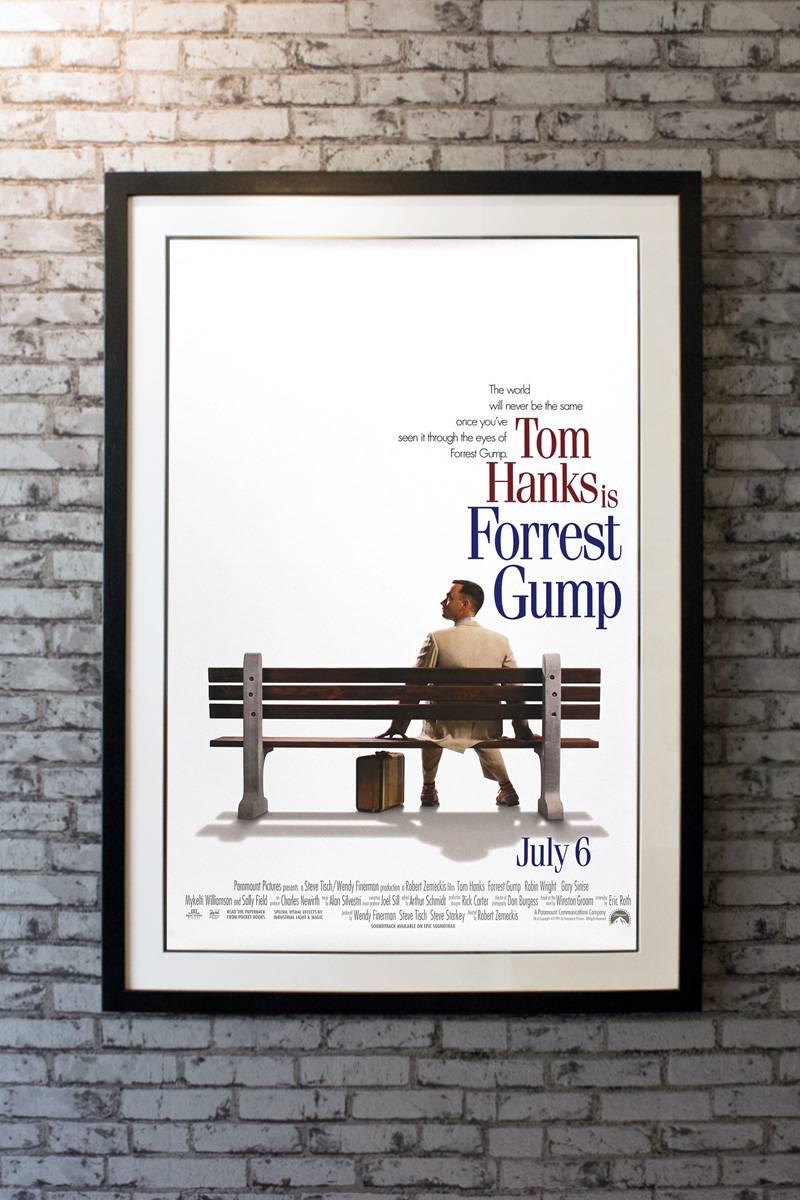 “Life is like a box of chocolates you never know what you’re gonna get.” A really exceptional original US One sheet movie poster from first year of release 1994 for Robert Zemeckis’ oscar winning blockbuster “Forrest Gump”. Designed by Bemis Balkind