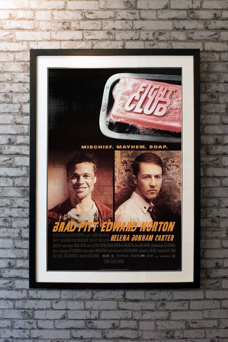 A depressed man (Edward Norton) suffering from insomnia meets a strange soap salesman named Tyler Durden (Brad Pitt) and soon finds himself living in his squalid house after his perfect apartment is destroyed. The two bored men form an underground