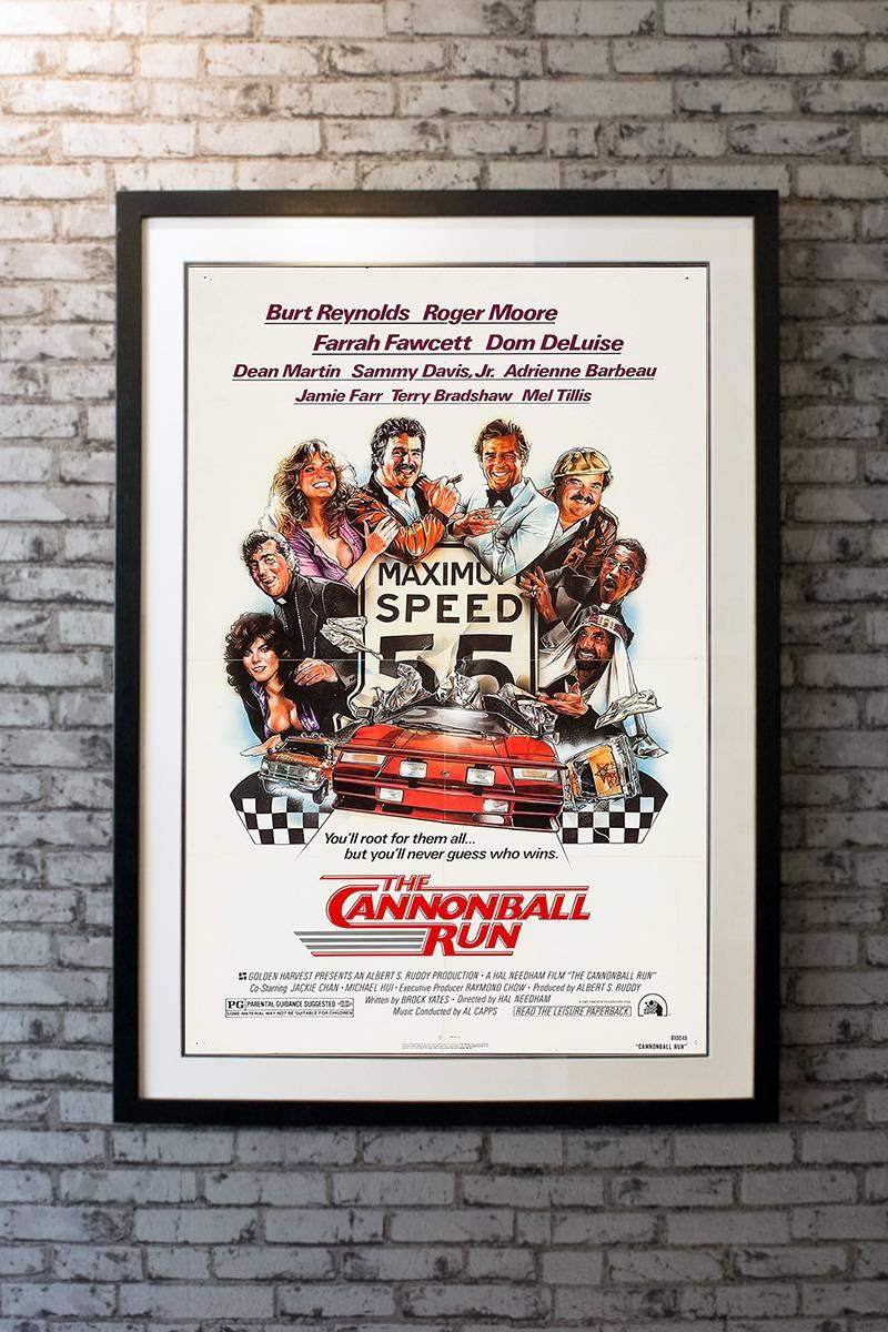 A daredevil (Burt Reynolds) and other characters (Roger Moore, Farrah Fawcett) get in their cars and take off on a cross-country race.

Linen-backing + £150

Framing options:
Glass and single mount + £250
Glass and double mount + £275
Anti-UV